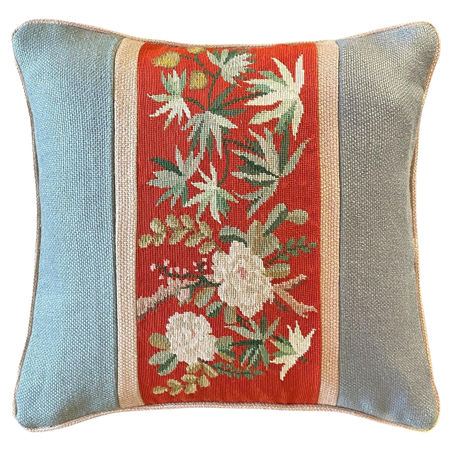 White Flowers and leaves, Hand-Embroidered square cushion For Sale