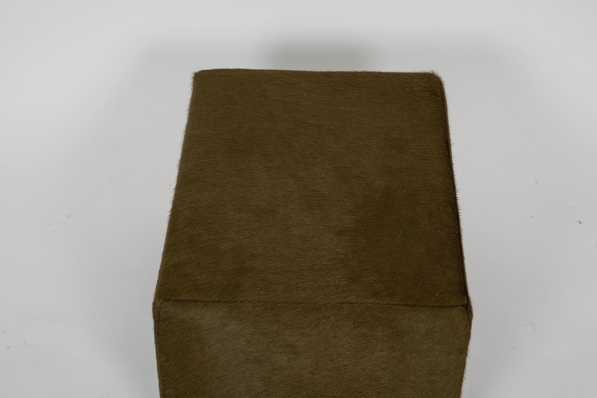 Modern Cubist Verde Olive Green Hair Hide Ottoman With White Oak Feet For Sale