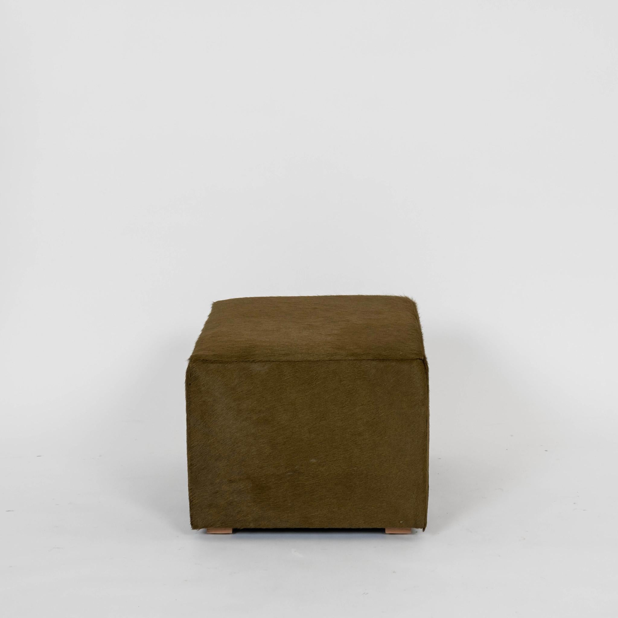 Cubist Verde Olive Green Hair Hide Ottoman With White Oak Feet In Excellent Condition For Sale In Houston, TX