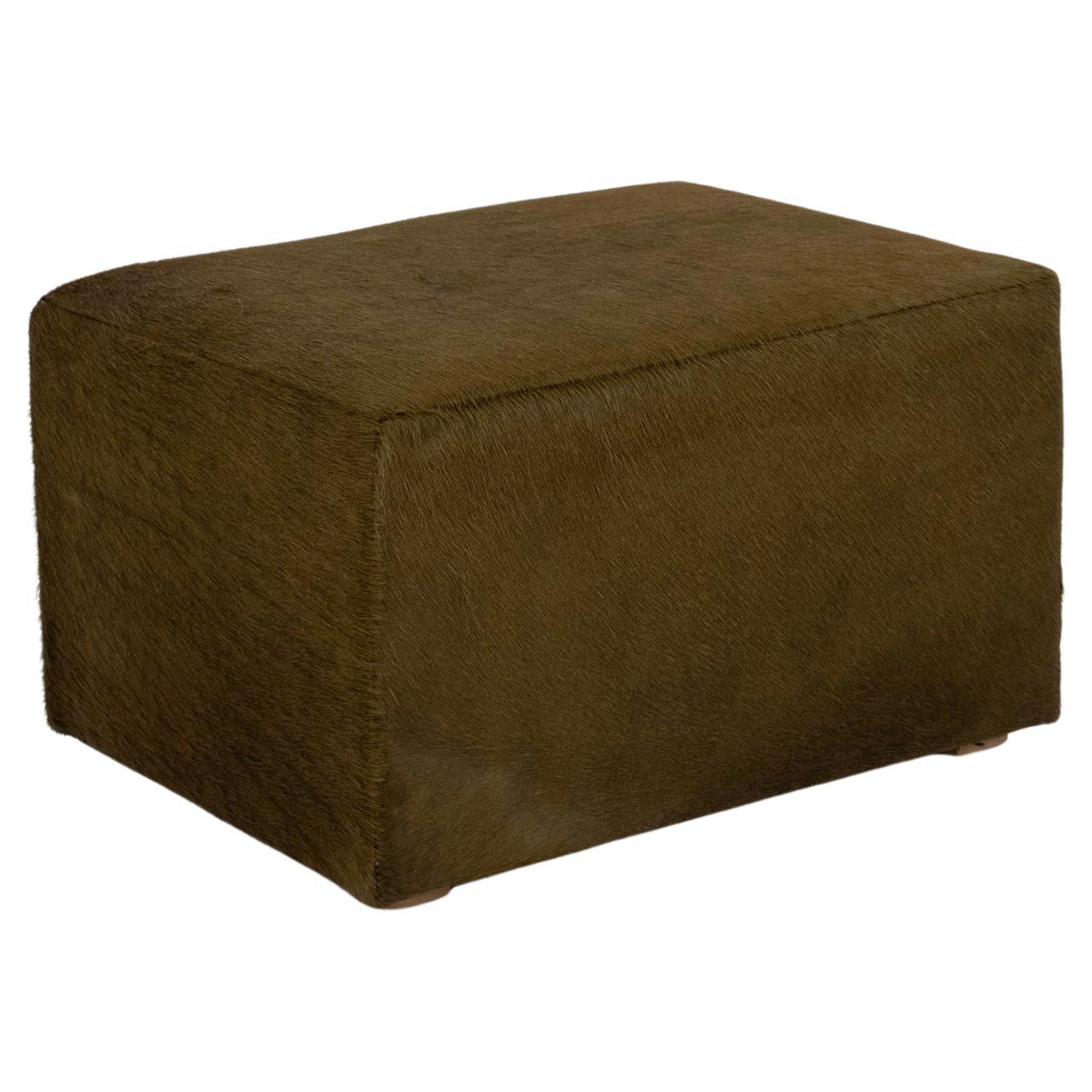Cubist Verde Olive Green Hair Hide Ottoman With White Oak Feet For Sale