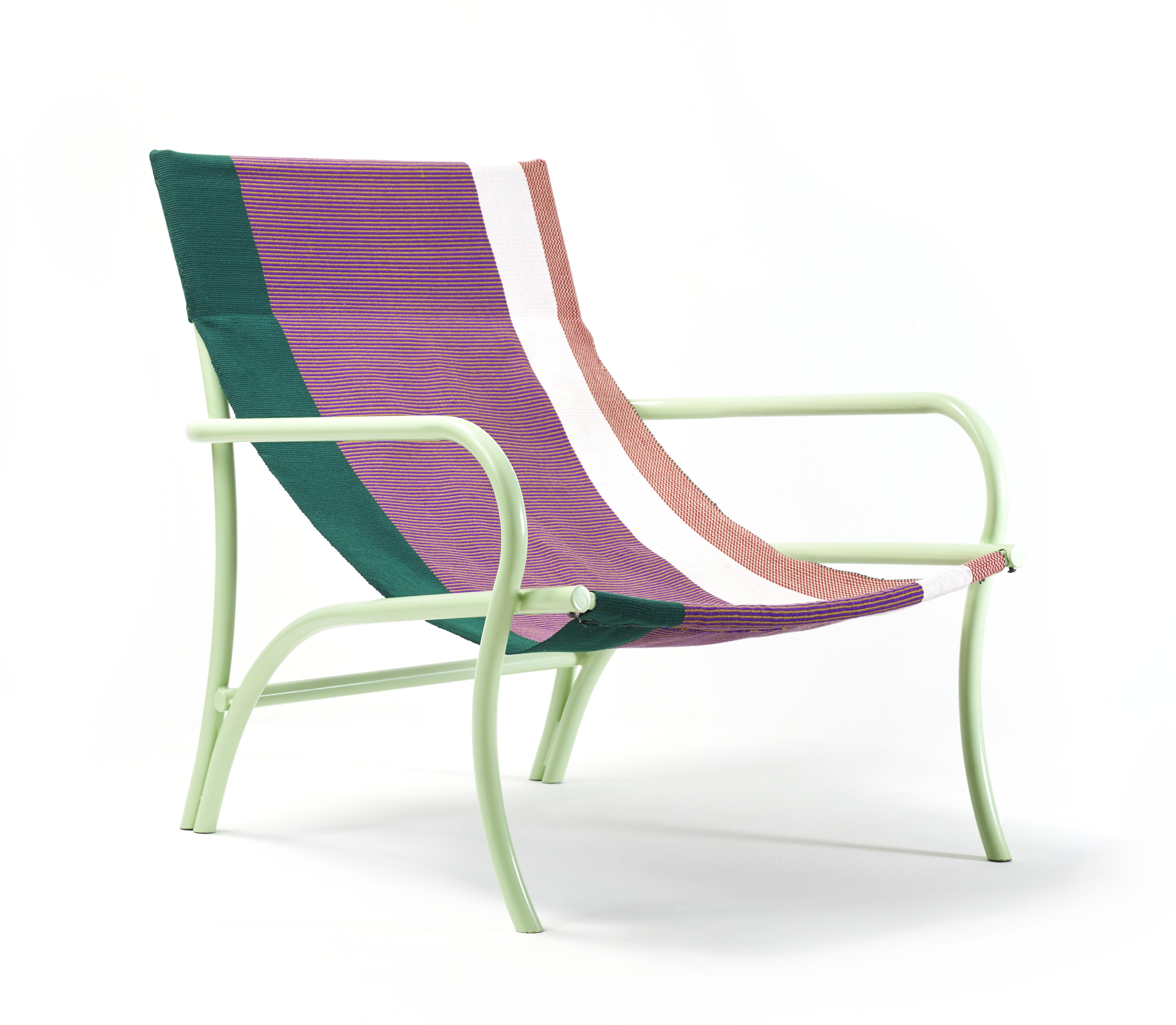 Verde Maraca lounge chair by Sebastian Herkner
Materials: Galvanized and powder-coated tubular steel. 100% cotton. 
Technique: hand-woven with 100% cotton yarns.
Dimensions: W 72.7 x D 86.7 x H 88.5 cm 
Available in colors: verde/ purpura/ rojo,