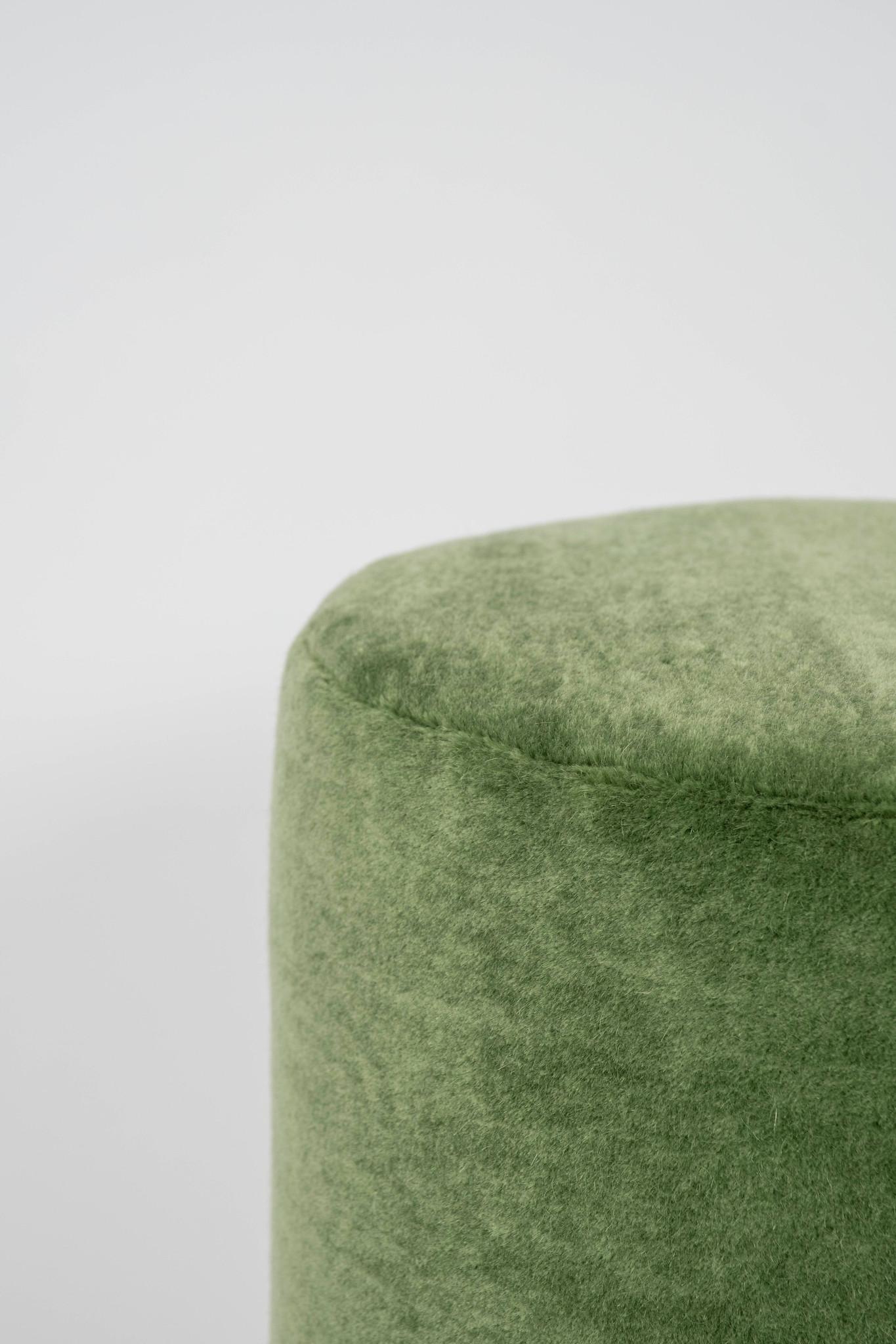 Custom soft verde green mohair pouf ottoman seat with a natural white oak base. Two available and sold individually. This ottoman, also available in other dimensions, finishes and fabrics.