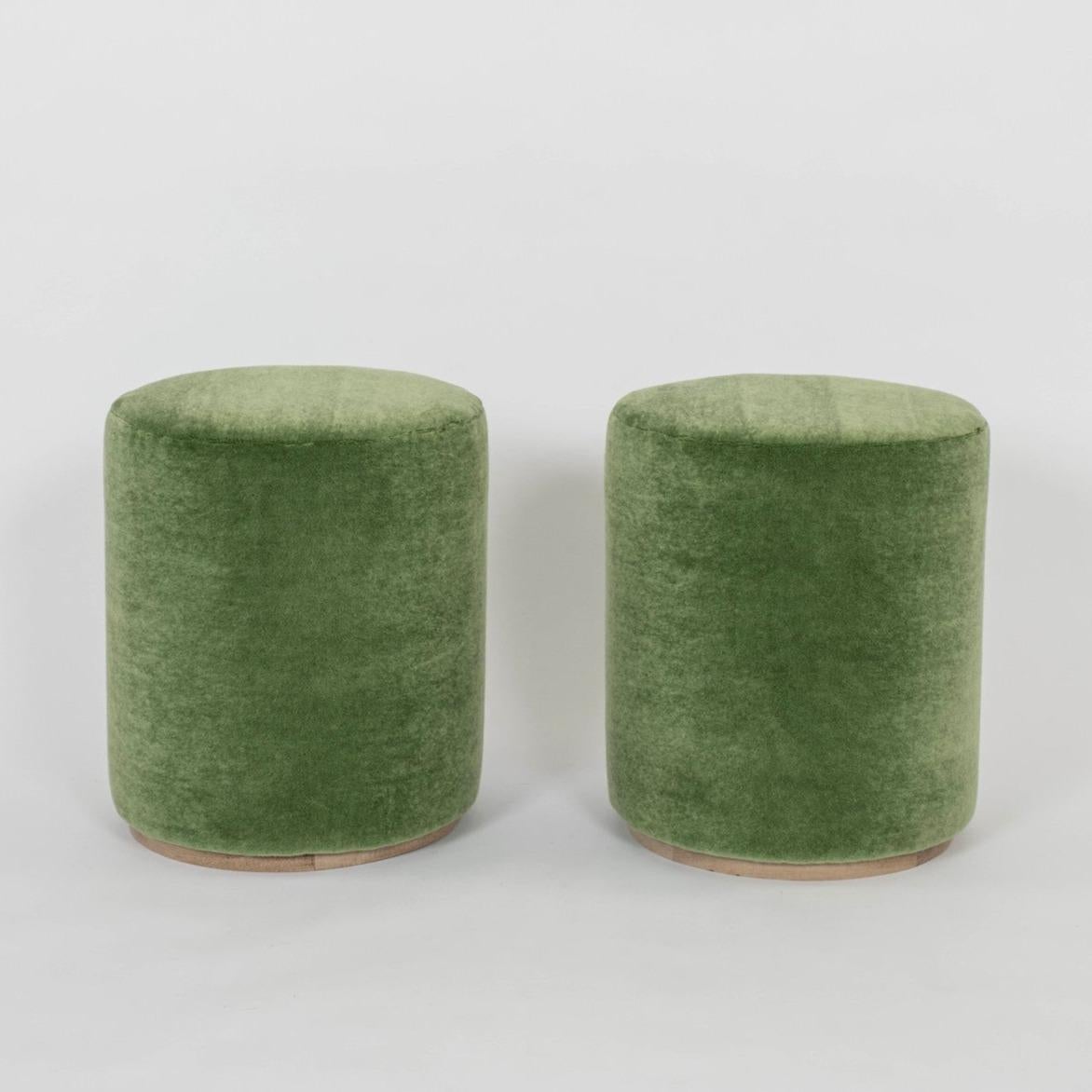 Modern Cubist Verde Olive Green Mohair Pouf Ottoman For Sale