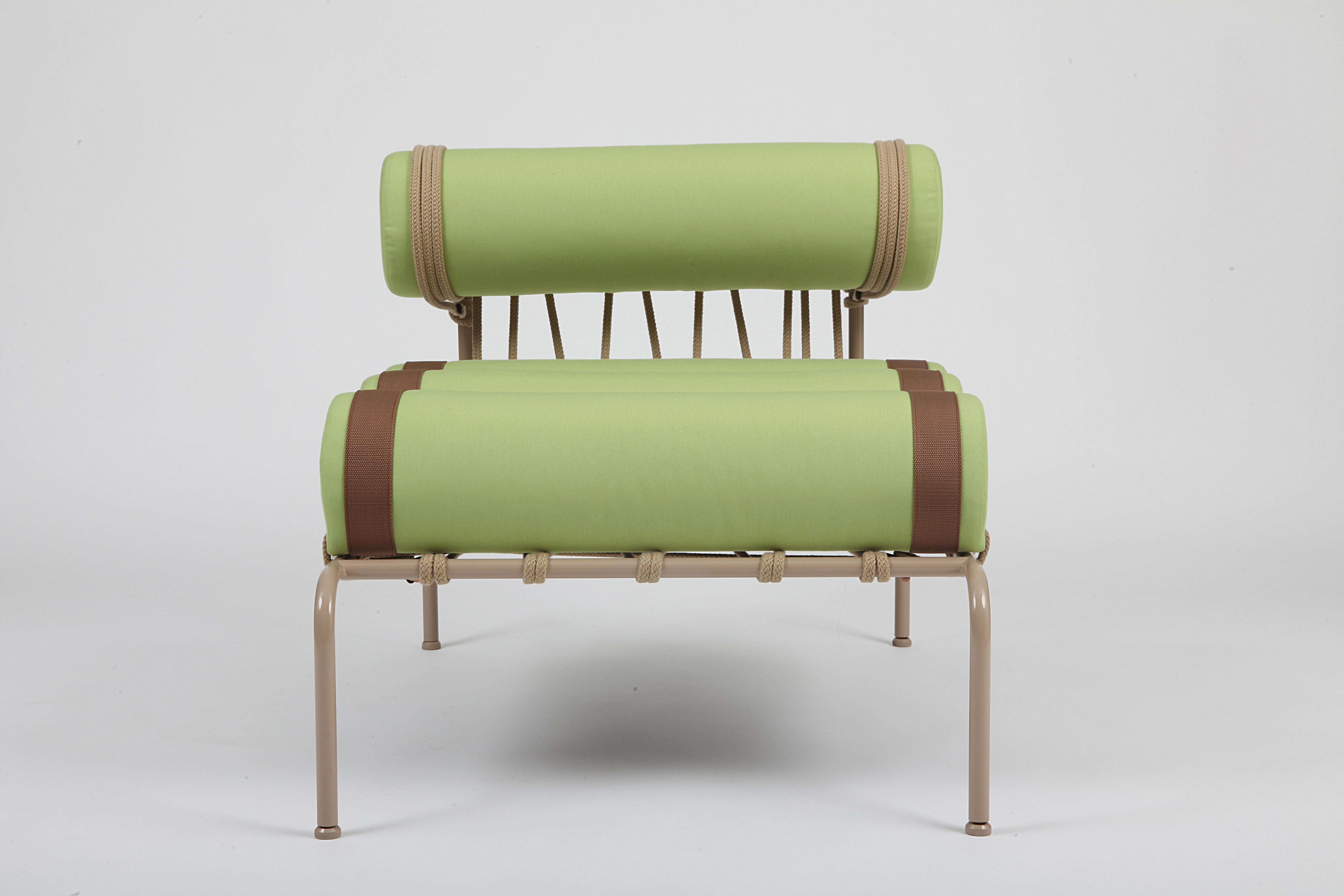 Verde Oasi Plain Kylíndo Outdoor Armchair by Dalmoto
Dimensions: D 92 x W 67 x H 69 cm. SH: 40 cm.
Materials: Metal, upholstery and rope.
Finish: RAL 9002 semiopaco metal,  Ecru rope, Verde Oasi Plain upholstery and Tabacco bands.

Available in