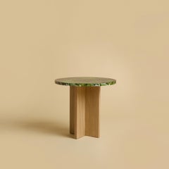 Round Green and Black Marble Top and Natural Oak SideTable by Lebanto
