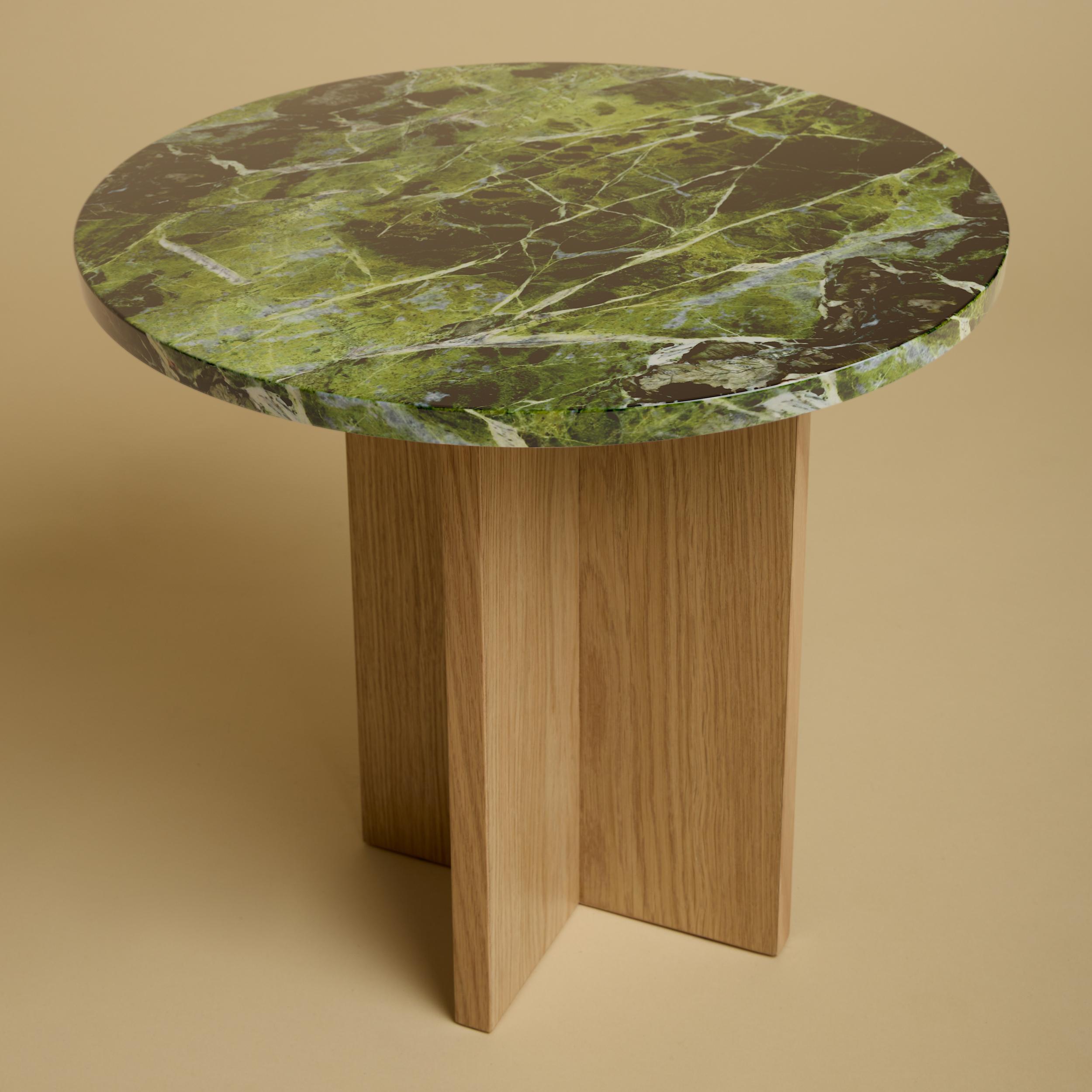 Post-Modern Round Green and Black Marble Top and Natural Oak SideTable by Lebanto For Sale