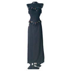 Veronica Black Green Evening Dress with Floral Appliqués and a Corset Back