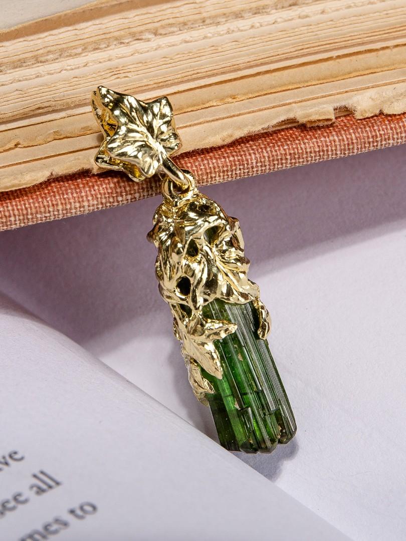 Verdelite Crystal Yellow Gold Ivy Pendant Natural Green Tourmaline 1