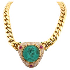 Verdi Gioielli 18k Gold Münze Diamant Cabochon Rubin Smaragd Kubanische Link Halskette