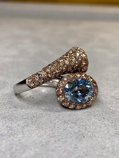 Verdi Italian 18K White Gold Pavé Brown Diamond Aquamarine Bypass Cocktail Ring