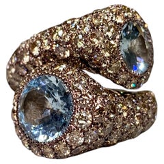 Verdi Italian 18K White Gold Pavé Brown Diamond Aquamarine Bypass Cocktail Ring