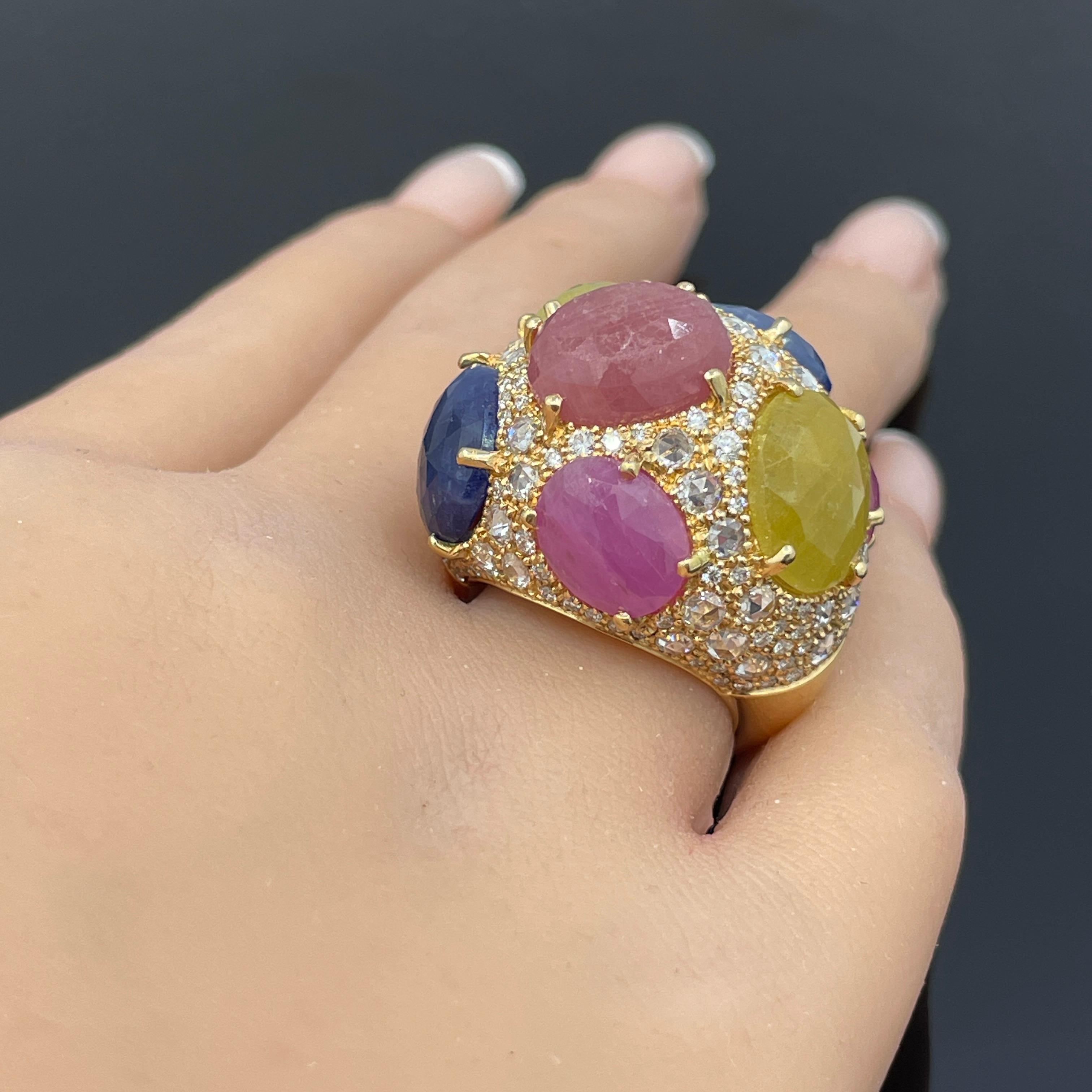 Verdi Multi-Color Sapphire Cabochon & Diamond Ring 18k Rose Gold 28.85ctw Italy en vente 4
