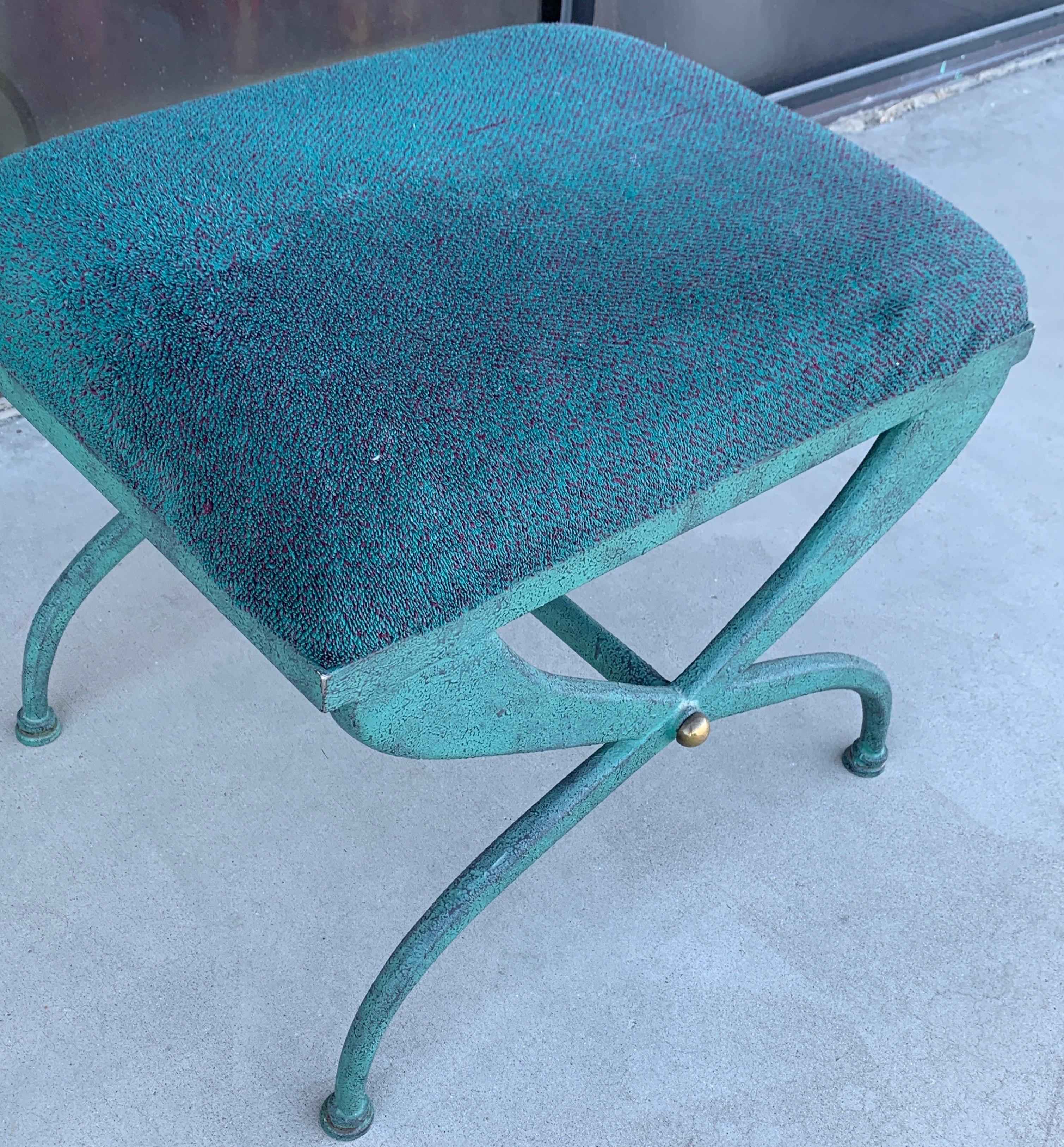 Verdigris Color Iron Vintage Bench in Vintage Italian Modernist Style  In Good Condition For Sale In Palm Springs, CA