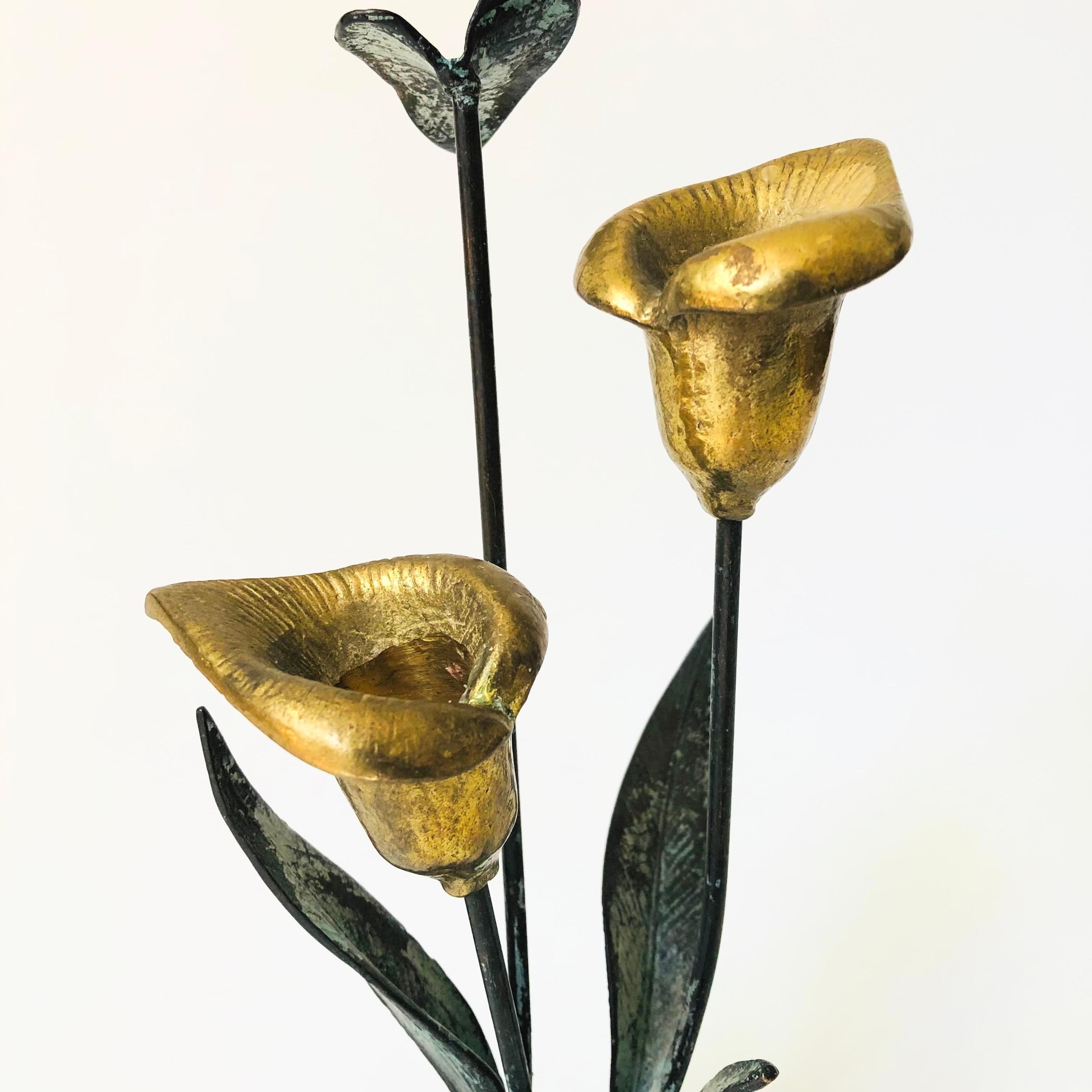 Verdigris Brass Calla Lily Candle Holder In Good Condition In Vallejo, CA