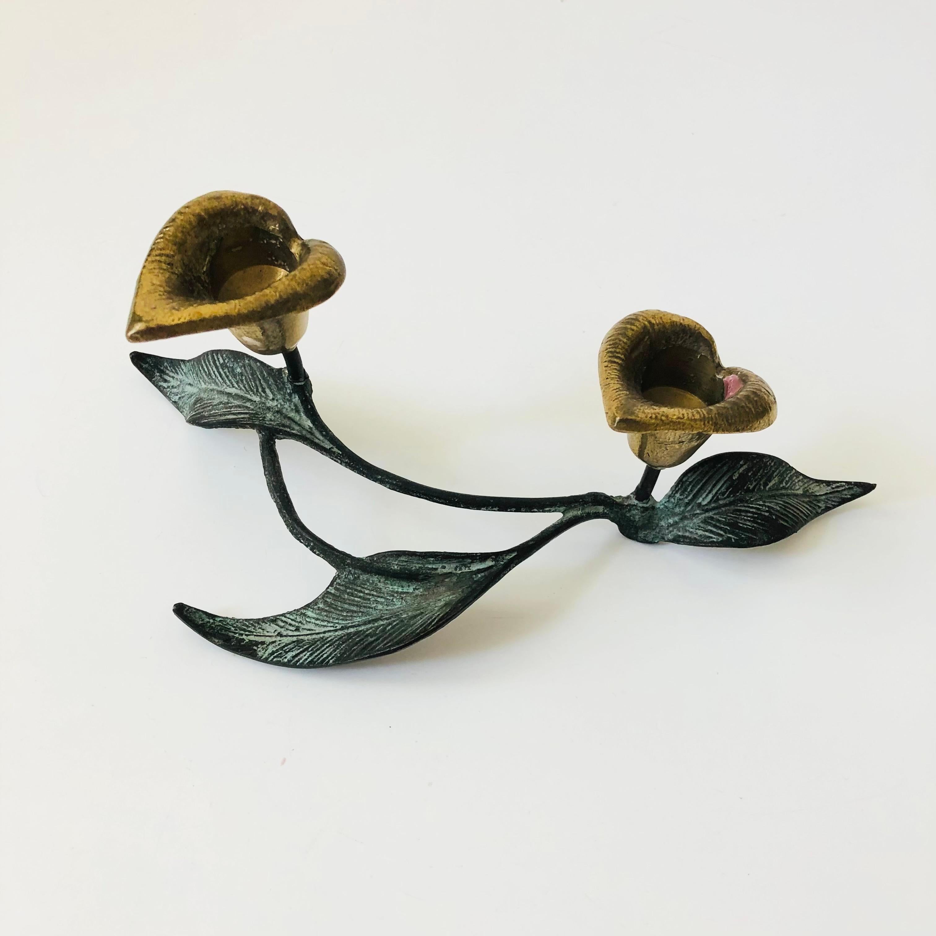 Art Nouveau Verdigris Brass Calla Lily Candle Holder