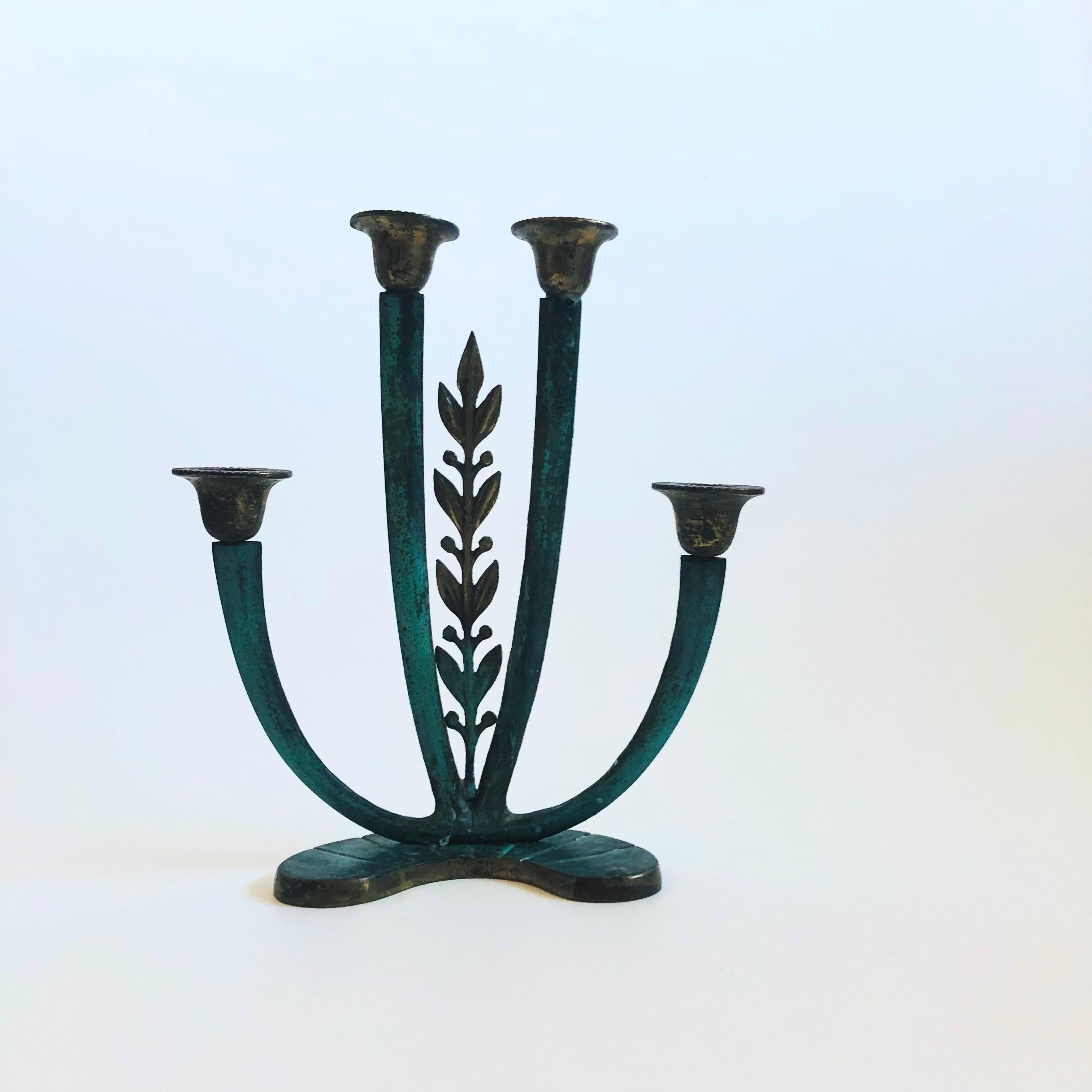 Mid-Century Modern Verdigris Brass Candle Holder - Made in Israel