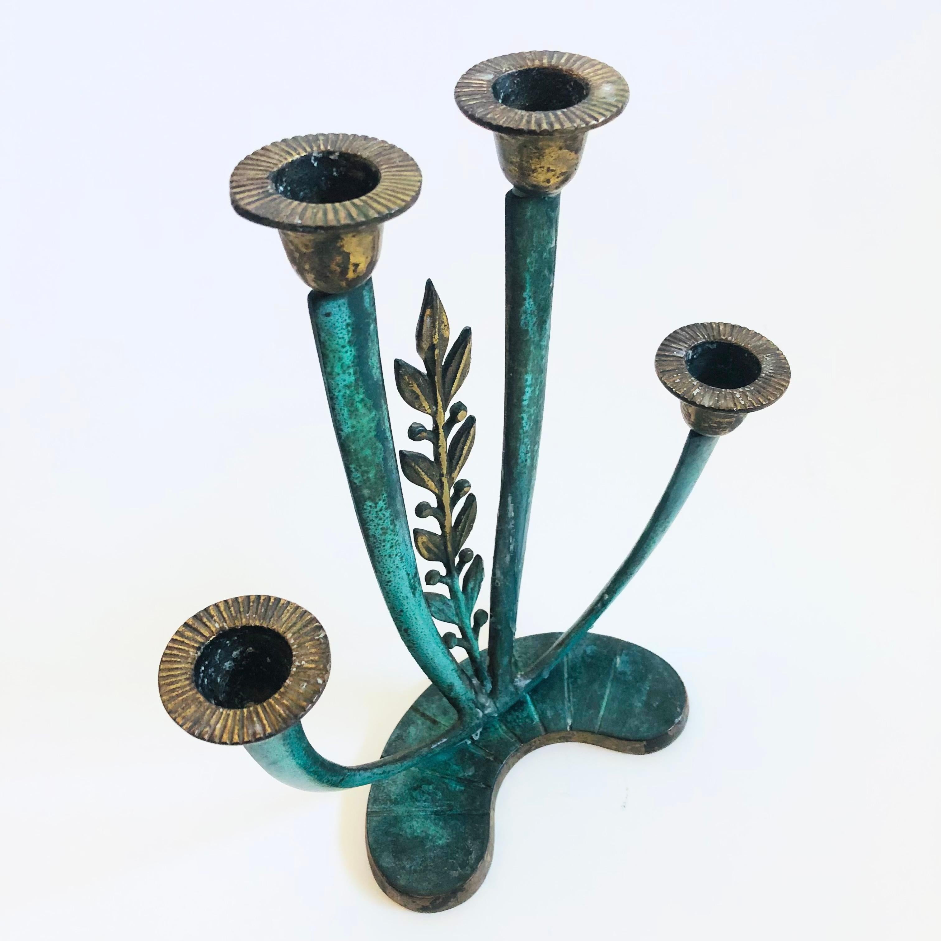 20th Century Verdigris Brass Candle Holder - Made in Israel