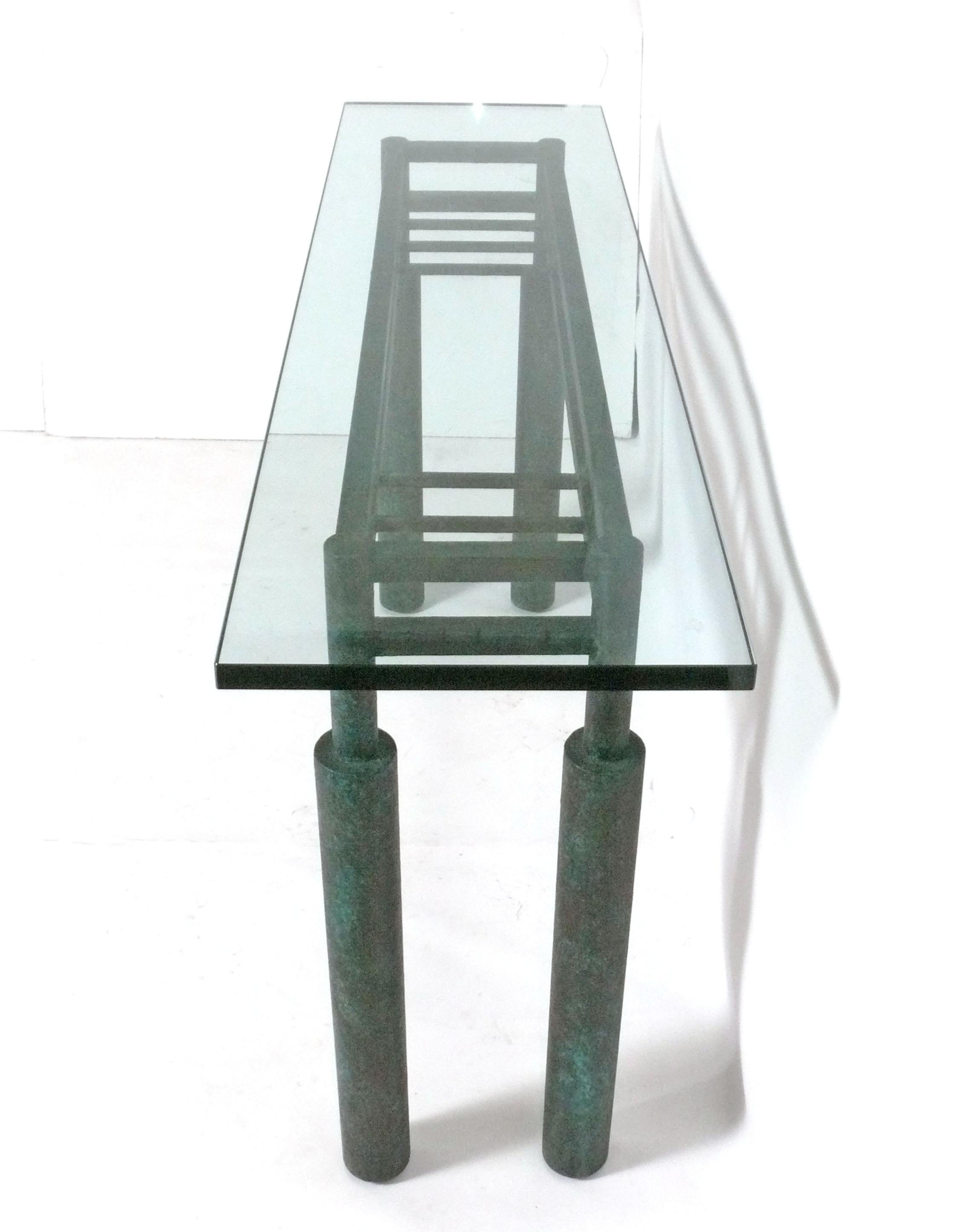 Brutalisme Table console en métal, finition bronze vert, design Brutalist Midcentury 60 