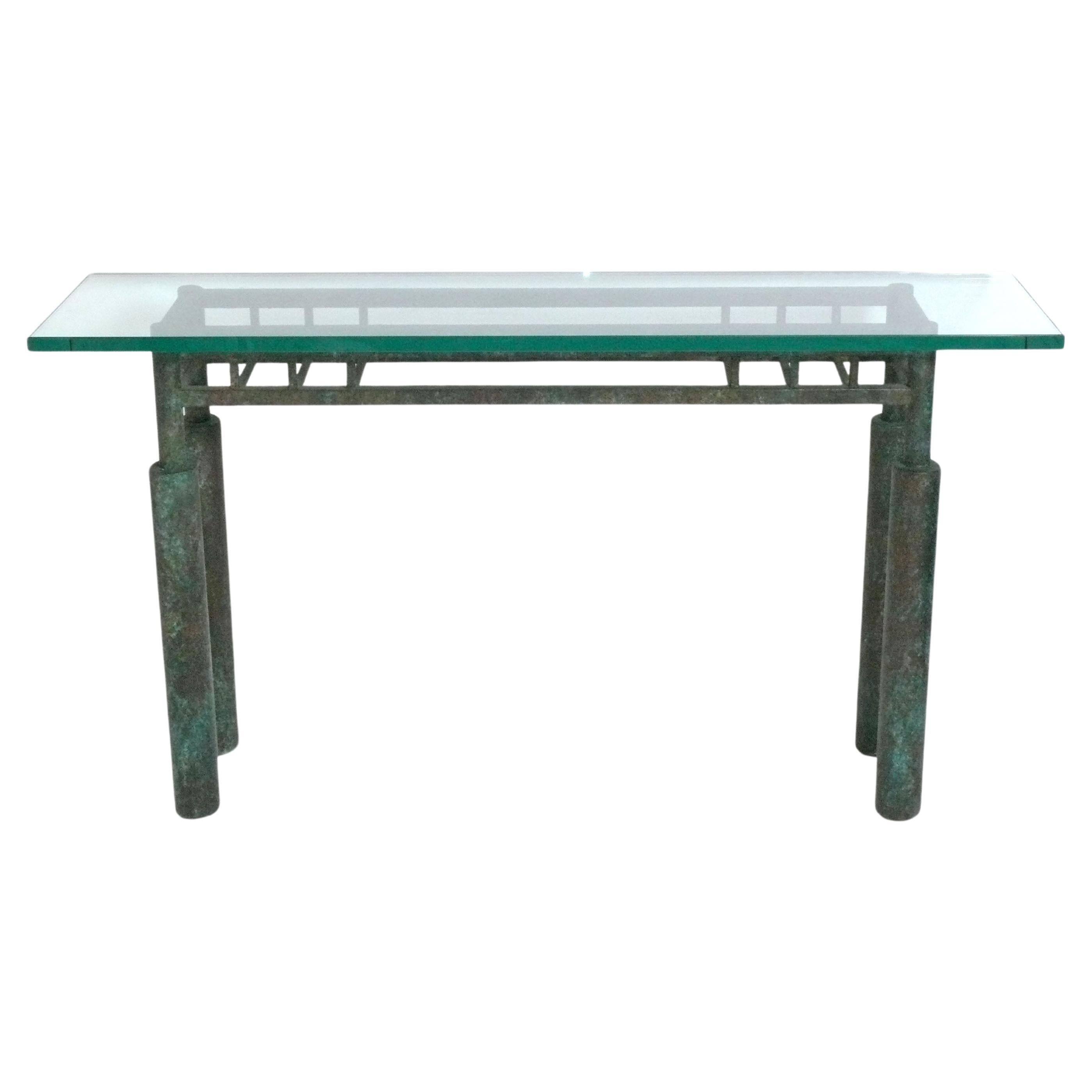 Table console en métal, finition bronze vert, design Brutalist Midcentury 60 "w en vente