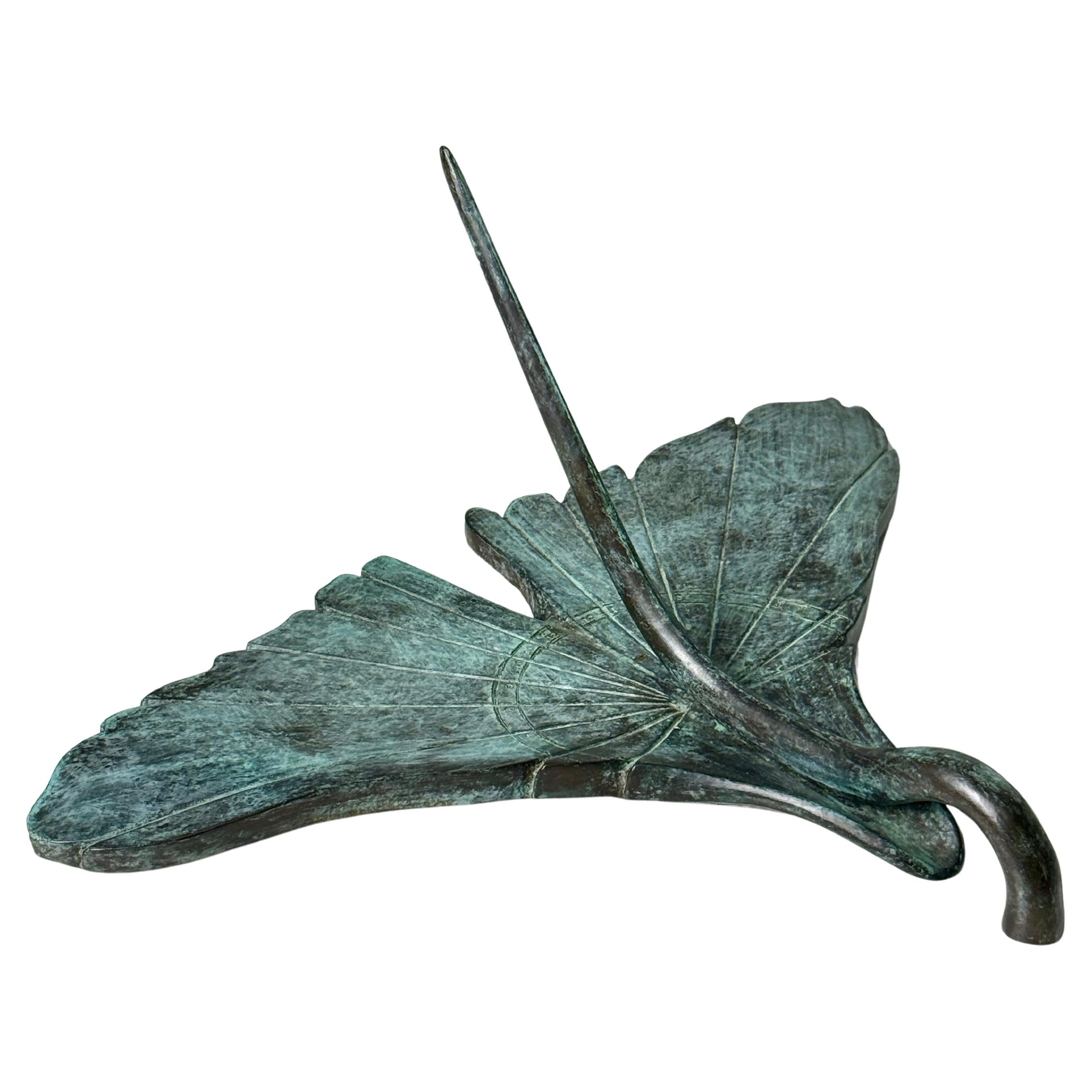 Verdigris Bronze Ginkgo Leaf Sundial Sculpture by Richard Robinson of Cranbrook For Sale