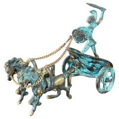 Verdigris Bronze Greek Chariot Sculpture with Trojan Warrior