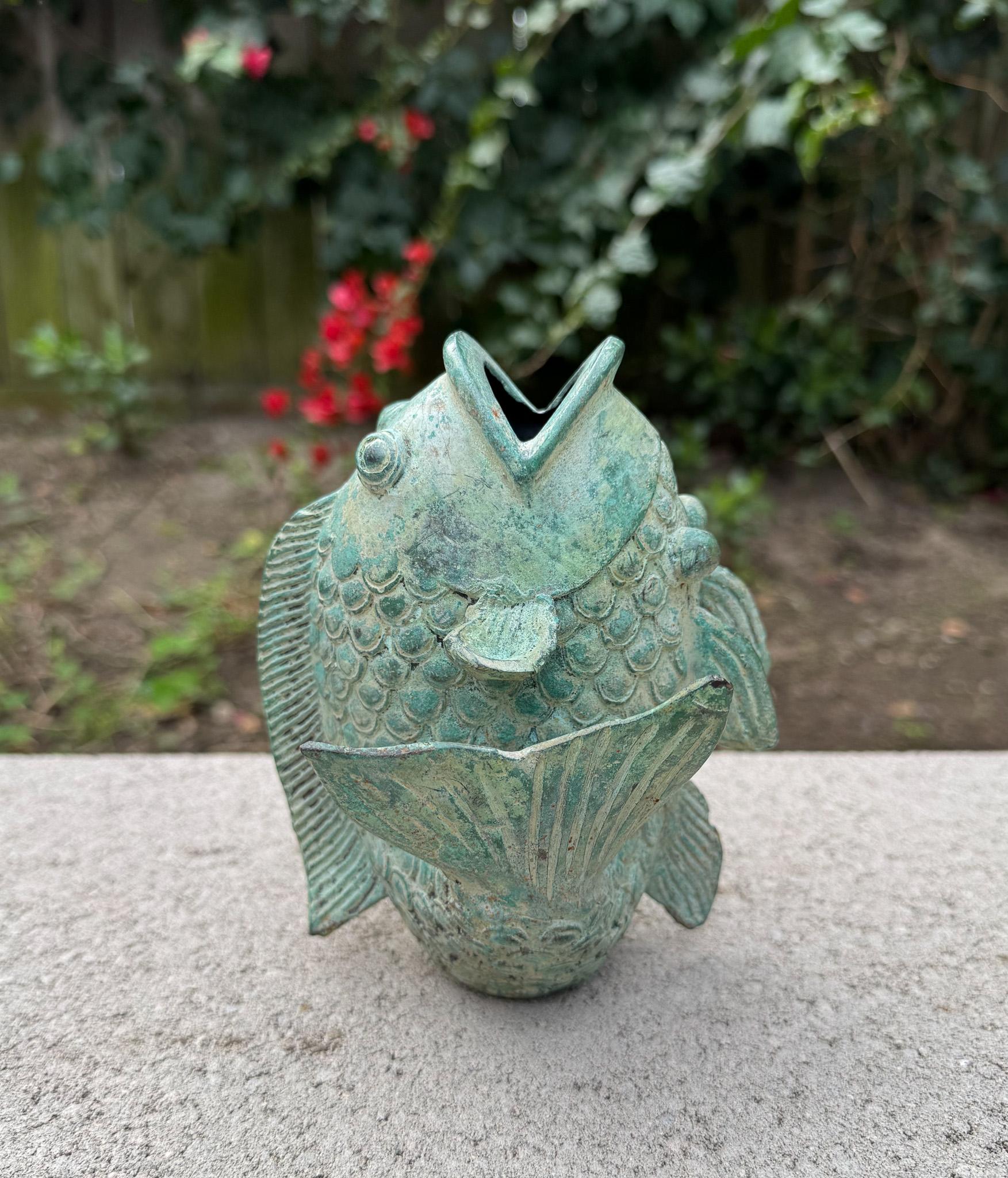 Verdigris Bronze Koi Fish Sculpture / Vase, 20th Century. 