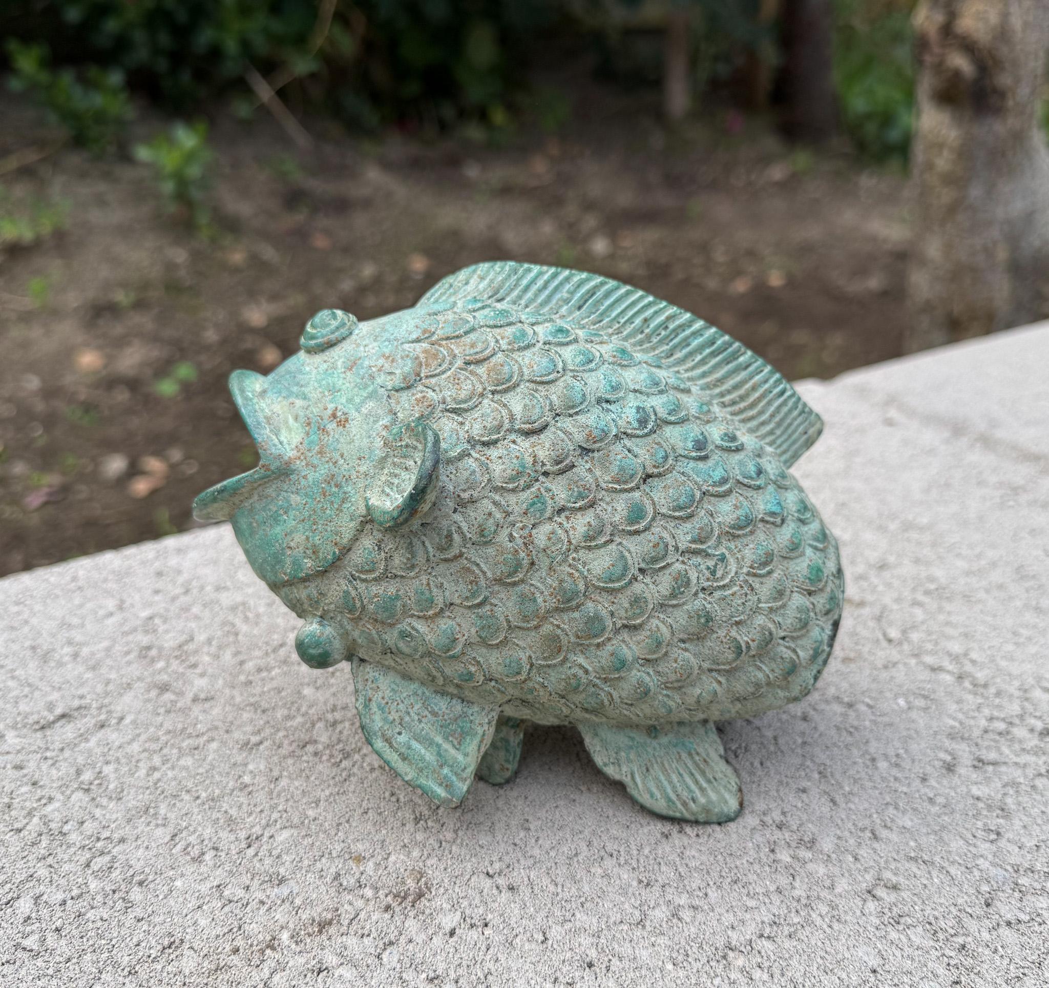 Patinated Verdigris Bronze Koi Fish Sculpture / Vase, 20th Century