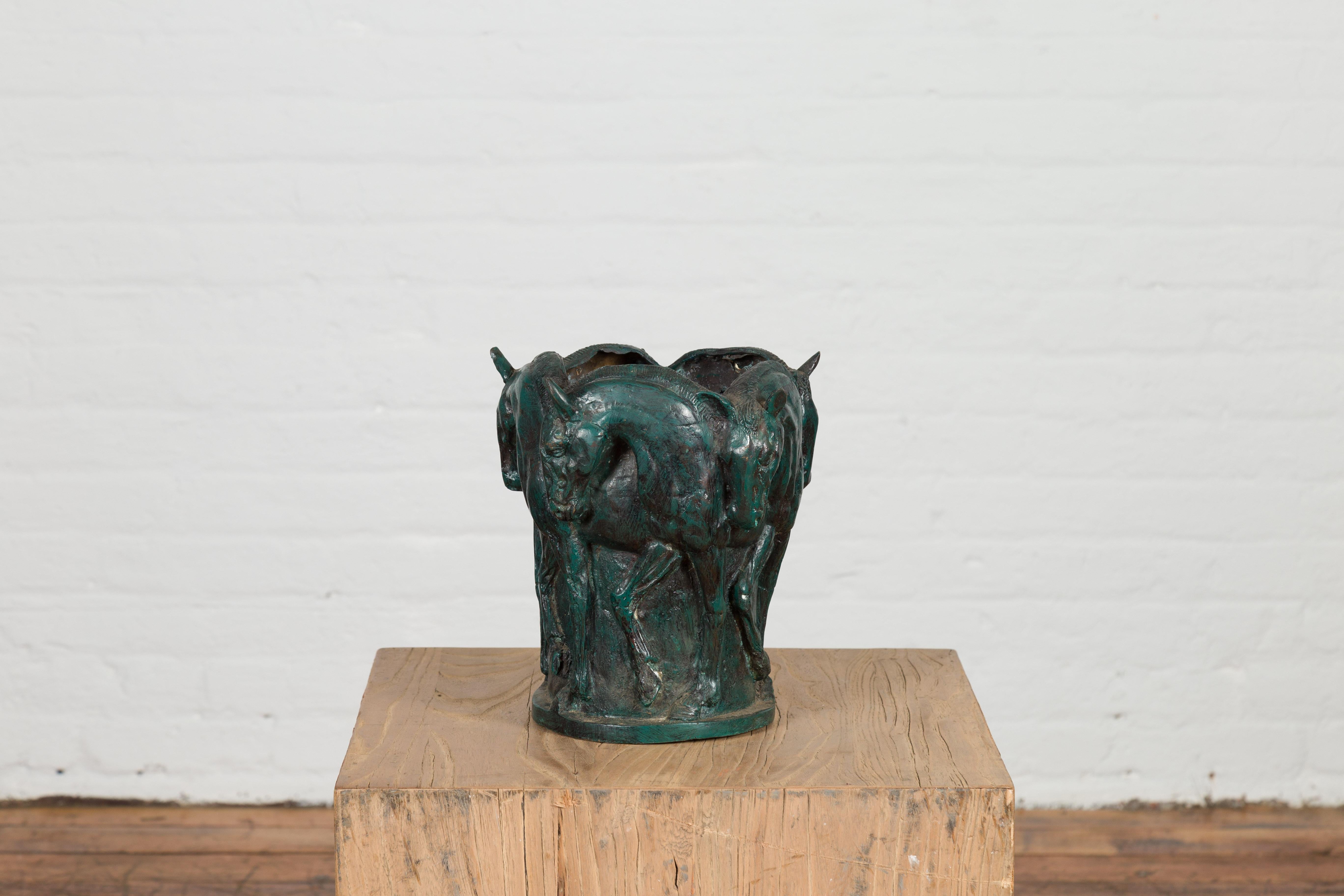 Verdigris Bronze Planter with Frieze of Passing Horses Cast in High Relief  For Sale 6