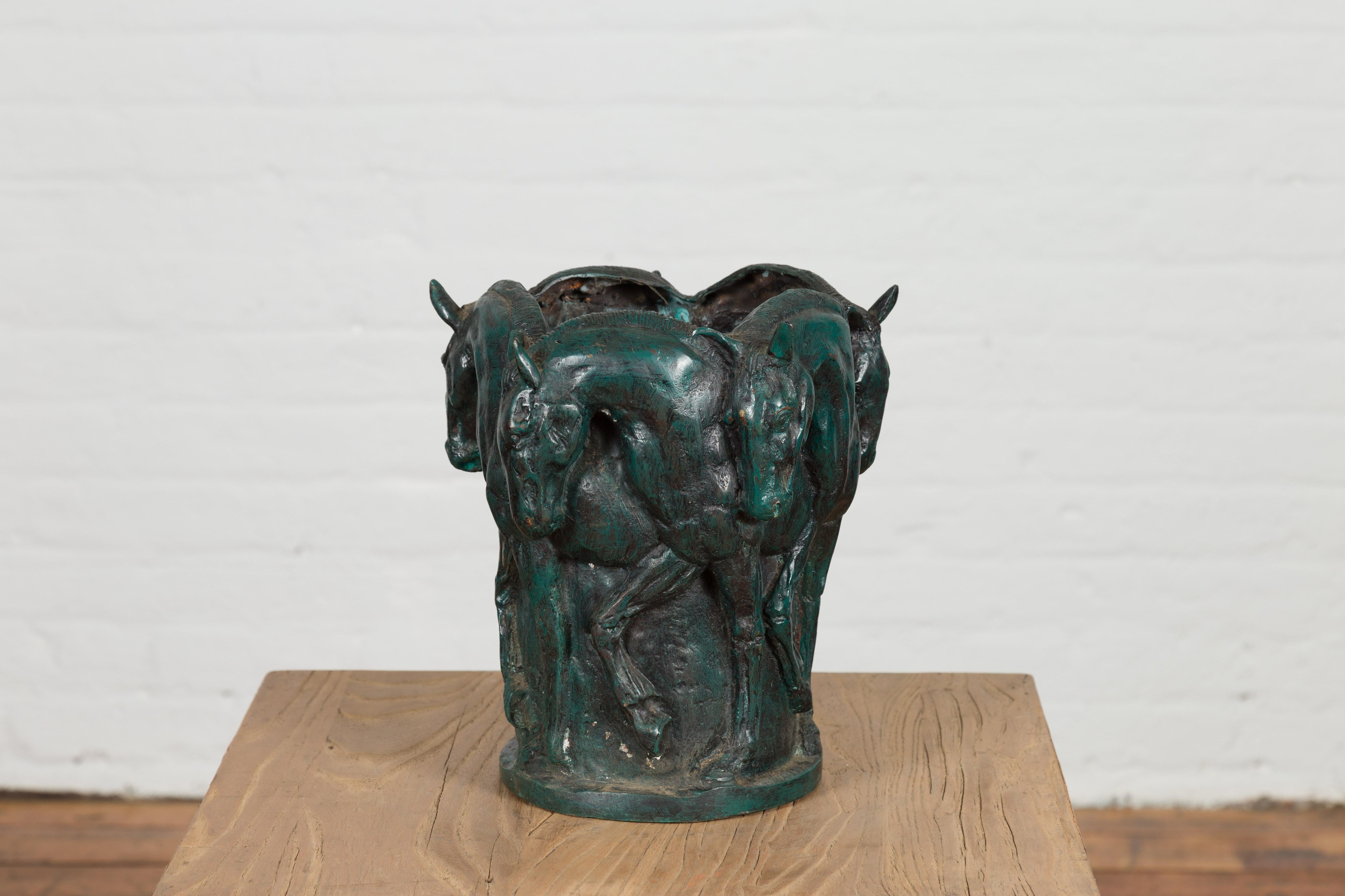 Verdigris Bronze Planter with Frieze of Passing Horses Cast in High Relief  For Sale 8