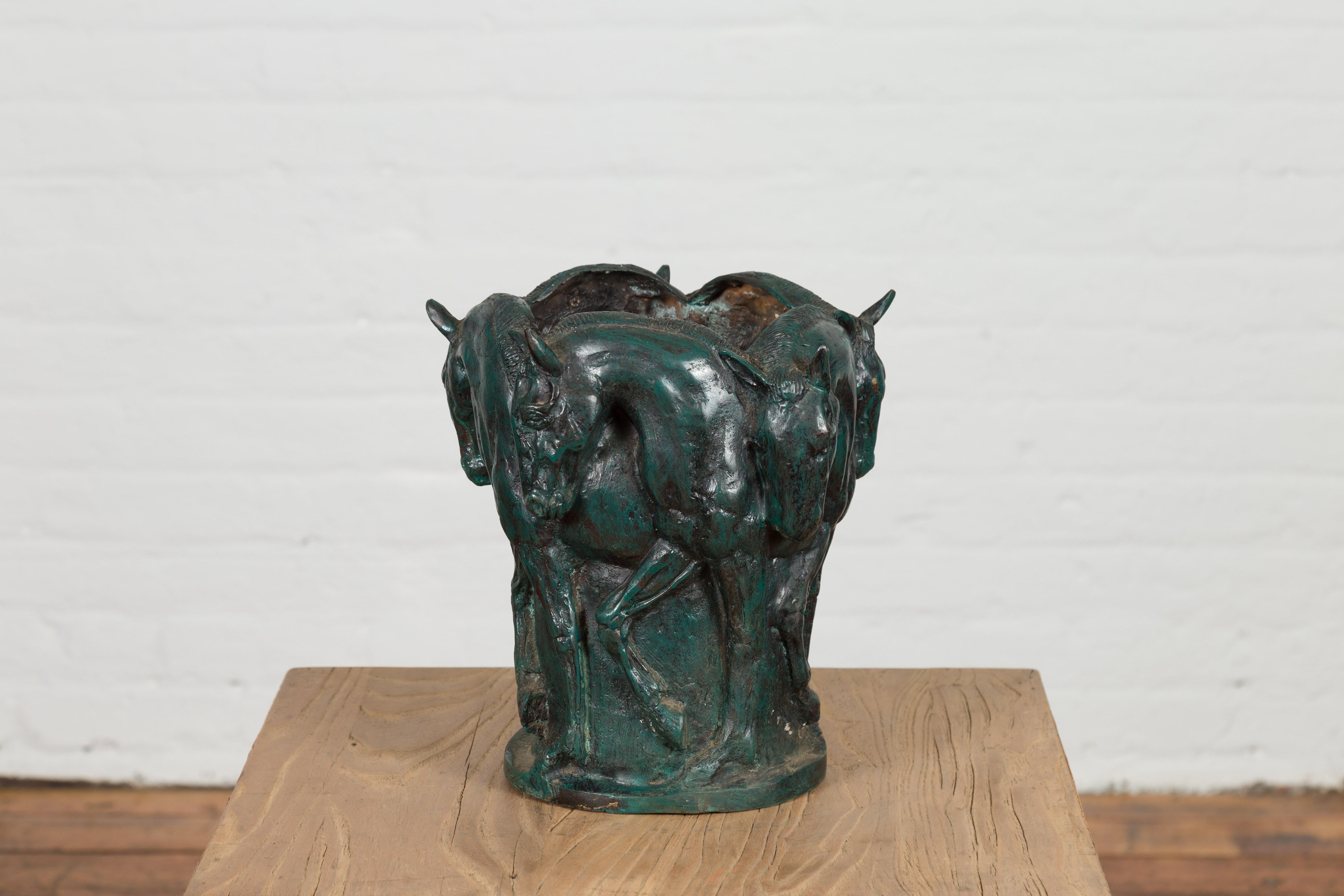 Verdigris Bronze Planter with Frieze of Passing Horses Cast in High Relief  For Sale 9