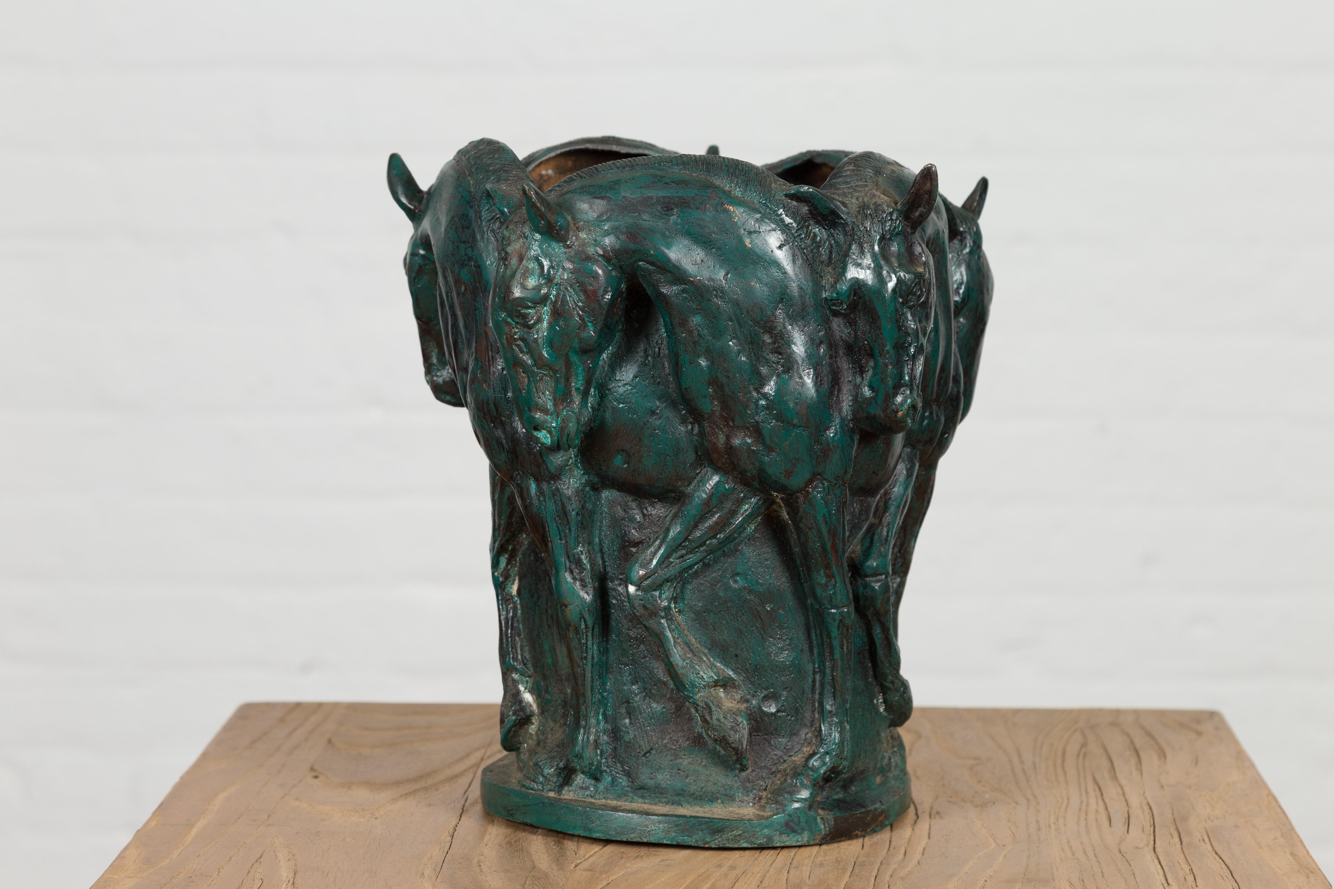 Verdigris Bronze Planter with Frieze of Passing Horses Cast in High Relief  In Good Condition For Sale In Yonkers, NY