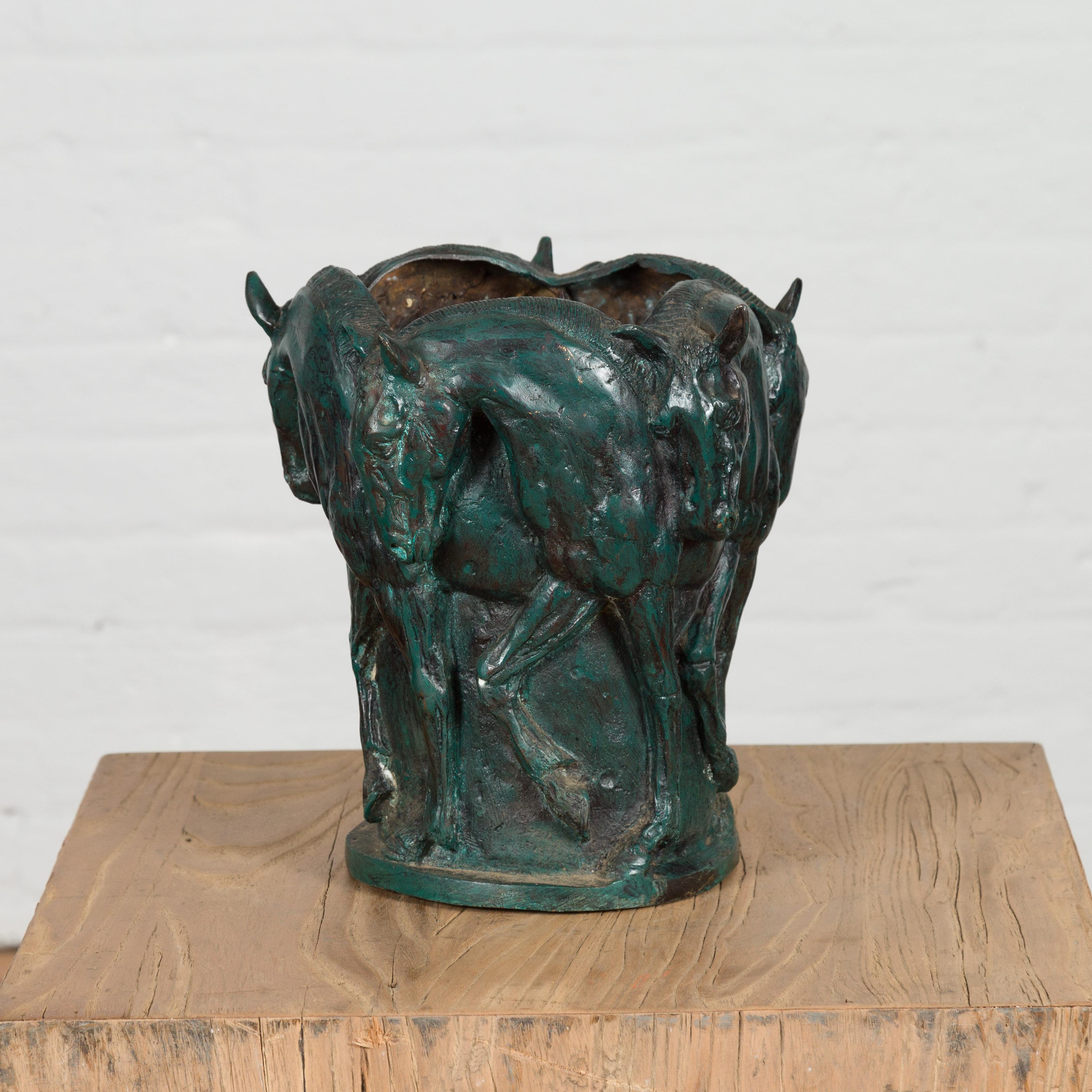 20th Century Verdigris Bronze Planter with Frieze of Passing Horses Cast in High Relief  For Sale