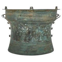 Verdigris Bronze Rain Drum Side Table, Southeast Asia, Elephant Decoration