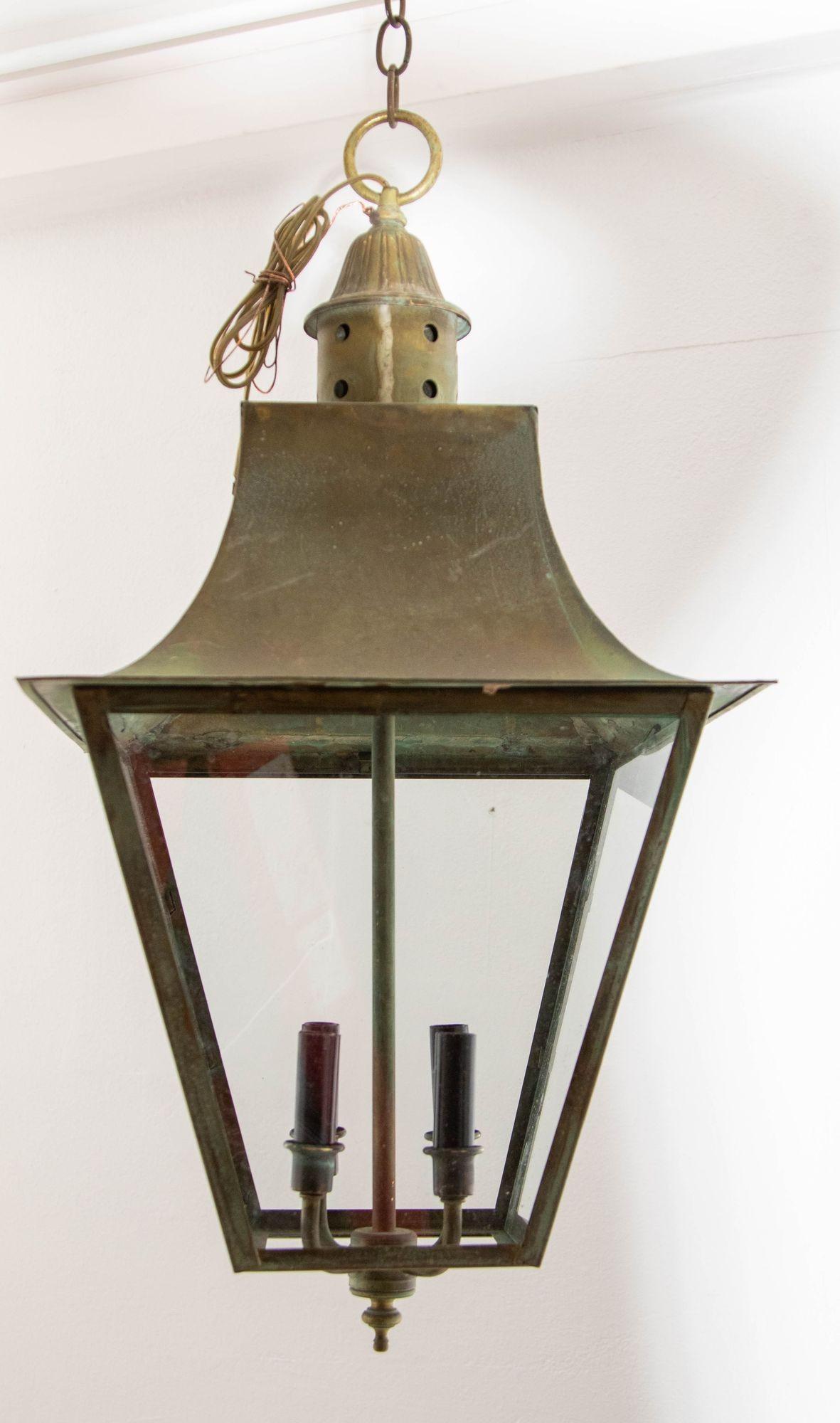 Exquisite Verdigris Copper & Brass Hanging Lantern – A Timeless Piece of History.
This stunning, handcrafted hall lantern features a rich verdigris patina, offering a beautiful blend of antique French, Victorian, and English design influences. The