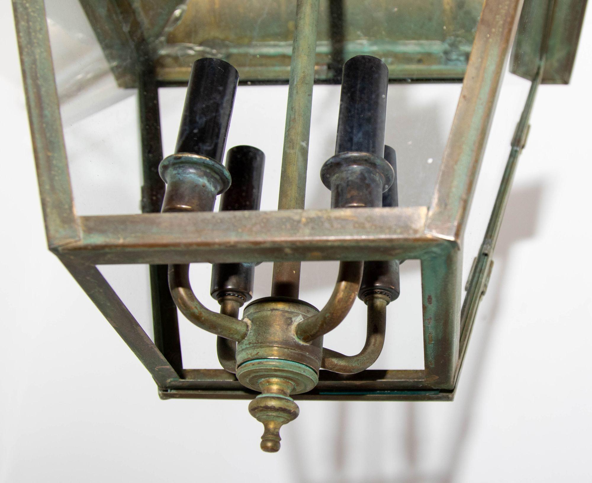 Hand-Crafted Verdigris Copper Brass Hanging Hall Lantern