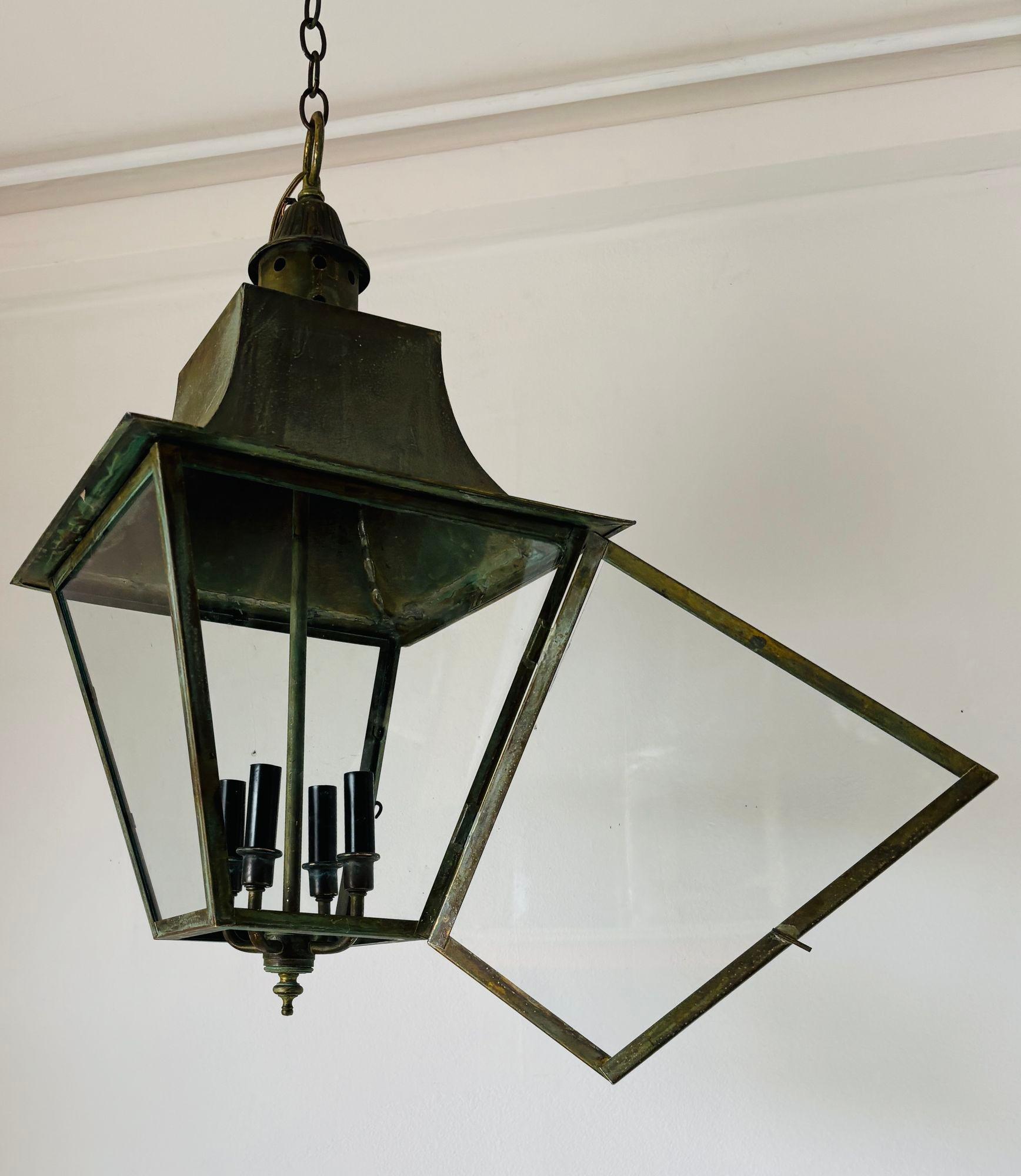 20th Century Verdigris Copper Brass Hanging Hall Lantern