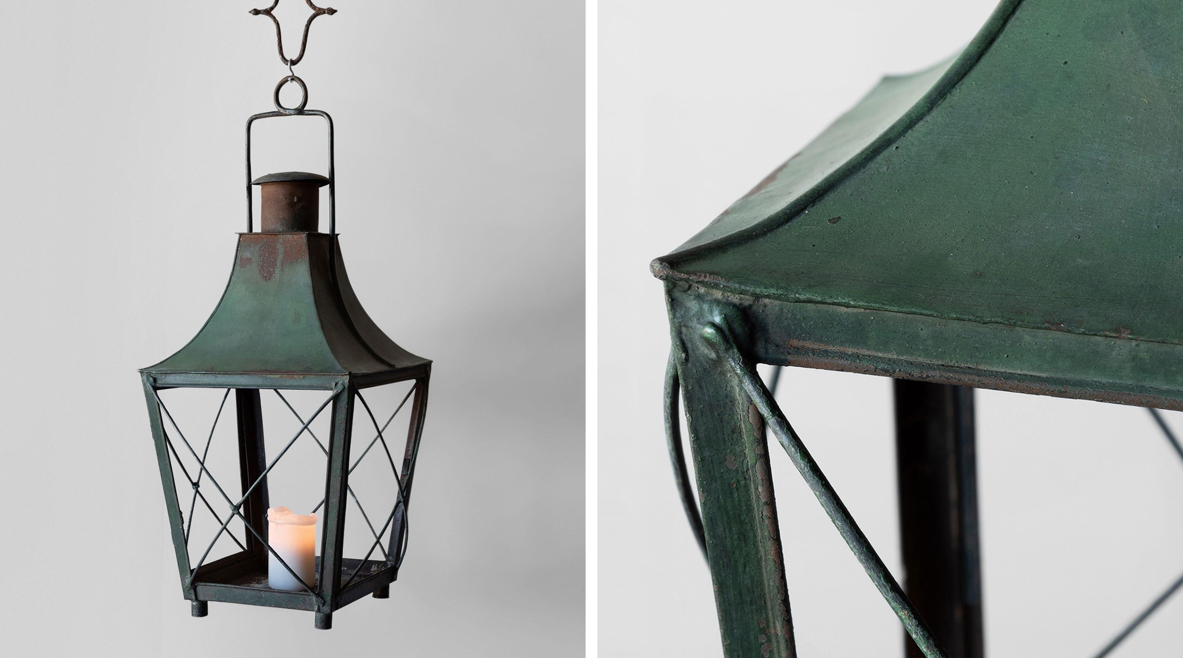 Wonderful candle lantern with original verdigris copper patina.
 