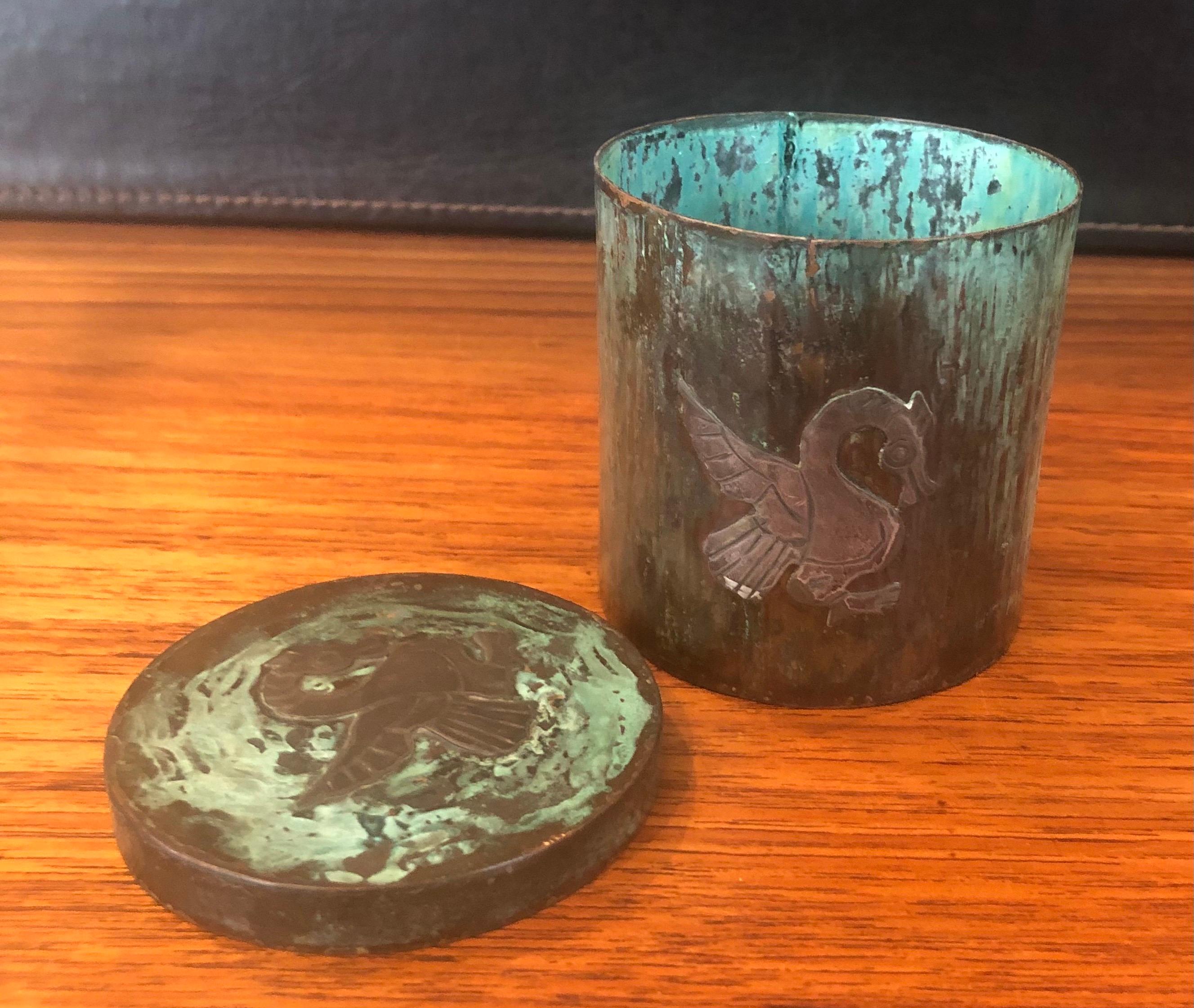 Verdigris Copper Round Trinket Box with Dragon In Good Condition For Sale In San Diego, CA
