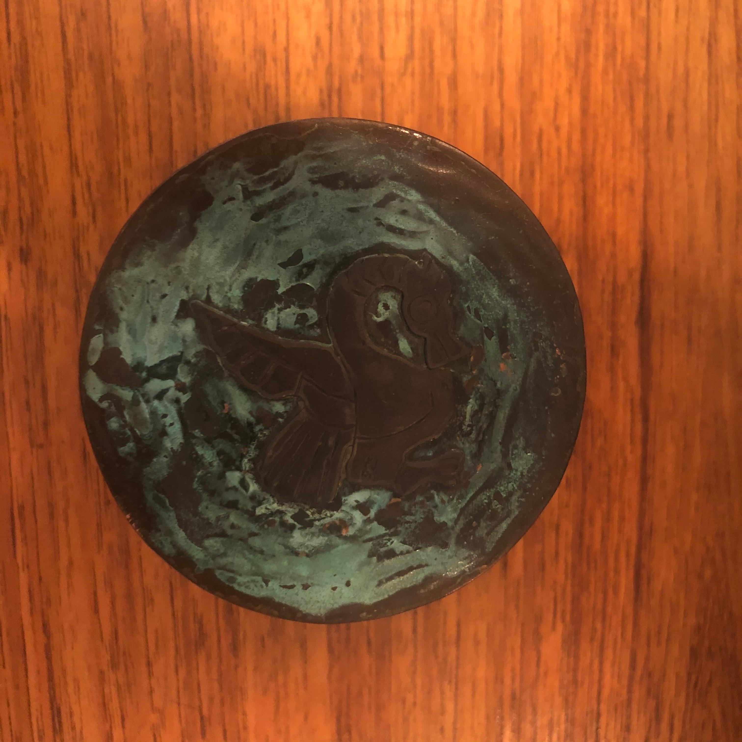 20th Century Verdigris Copper Round Trinket Box with Dragon For Sale