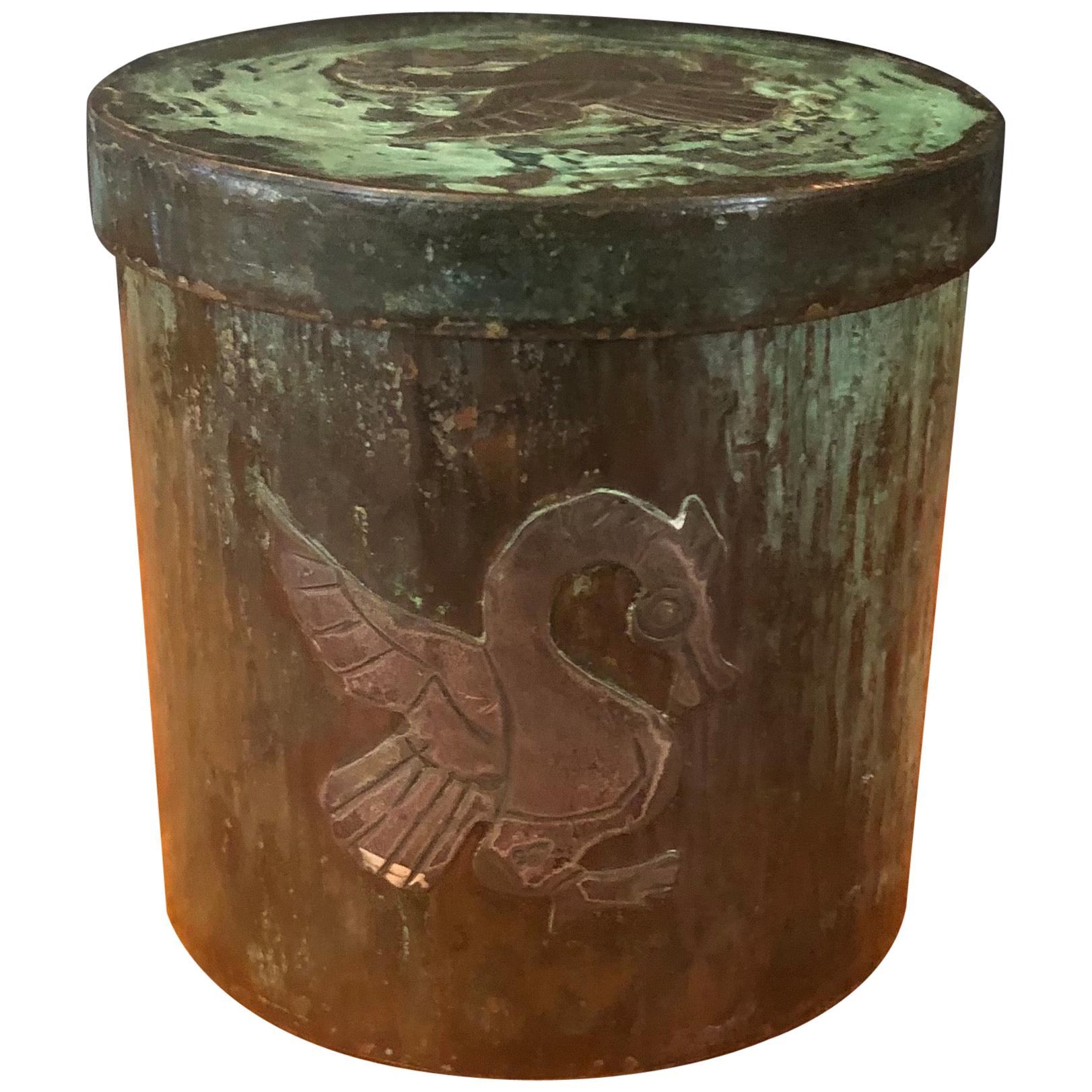 Verdigris Copper Round Trinket Box with Dragon For Sale