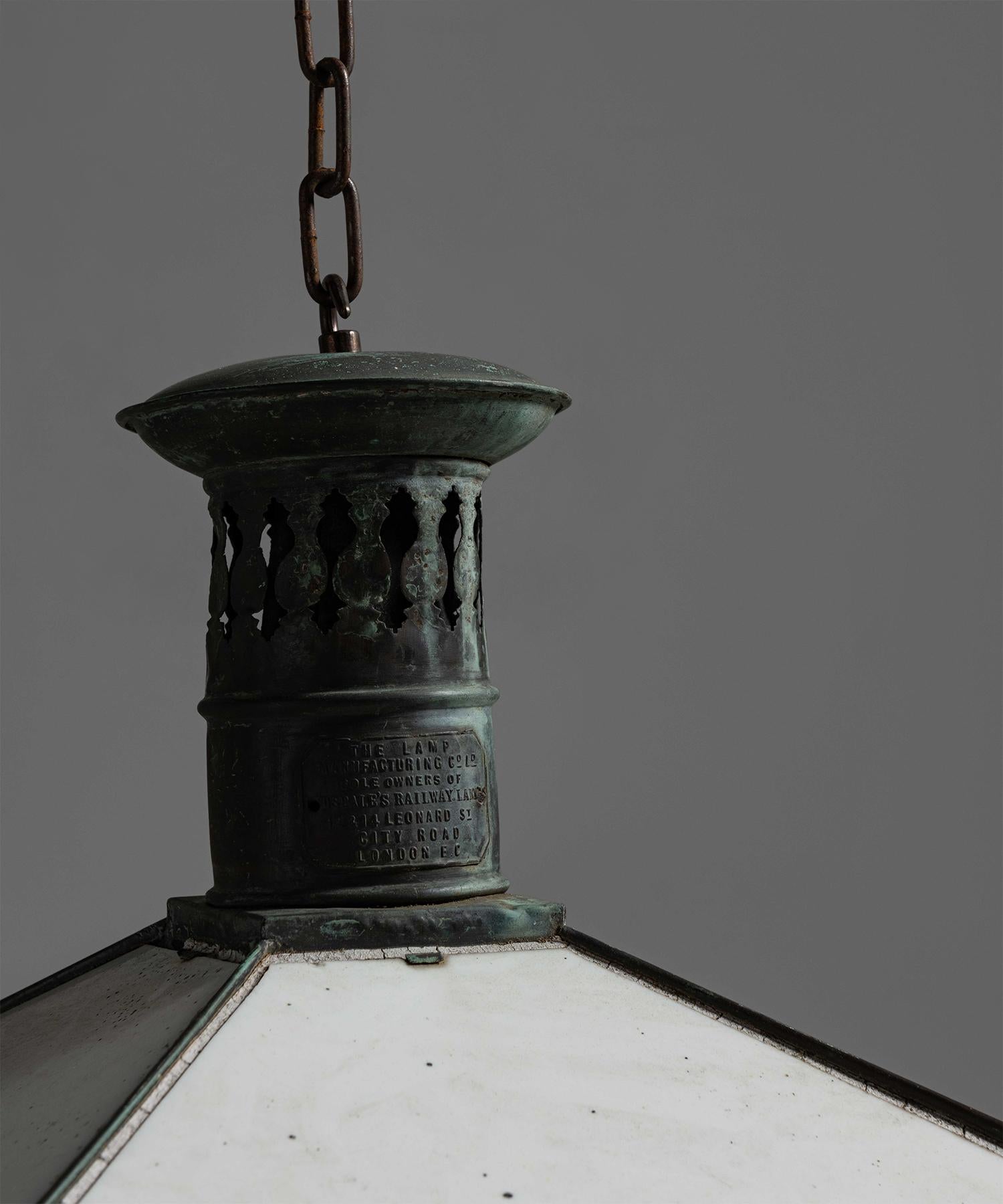 English Verdigris Copper Station Lantern, England, Circa 1820