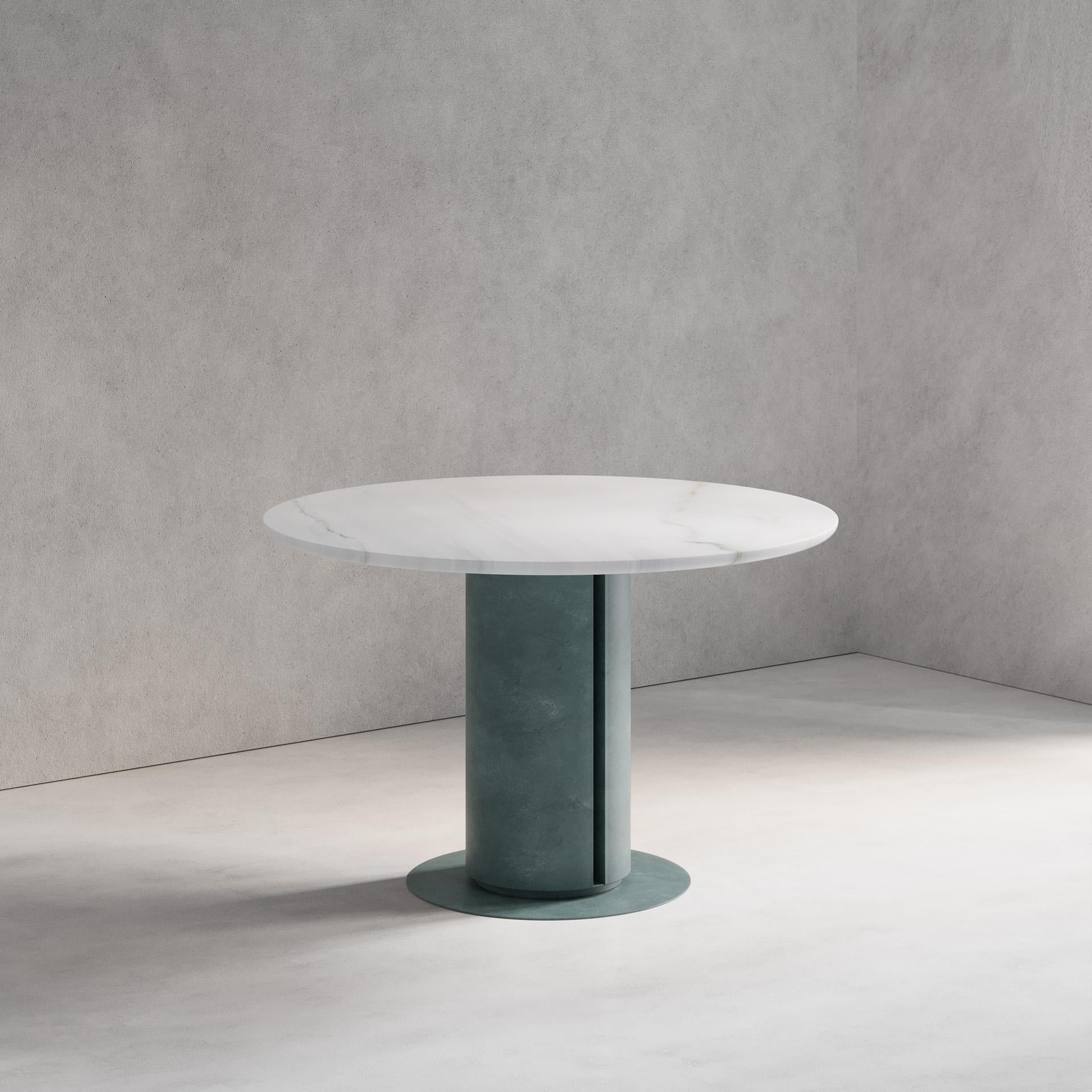 Organic Modern 'Verdigris Dining Table' Solid Marble, Patinated Hand-Spun Brass For Sale