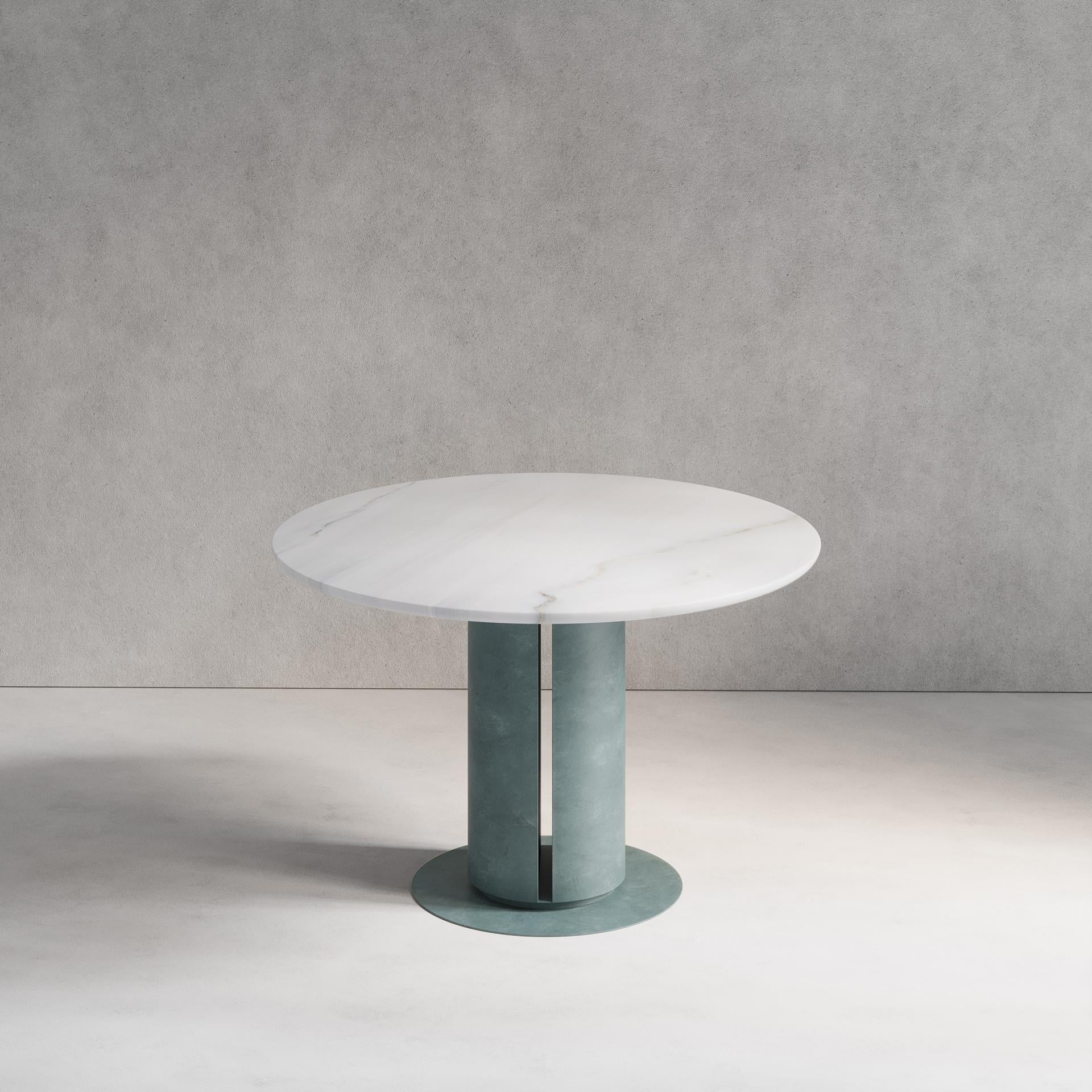 English 'Verdigris Dining Table' Solid Marble, Patinated Hand-Spun Brass For Sale