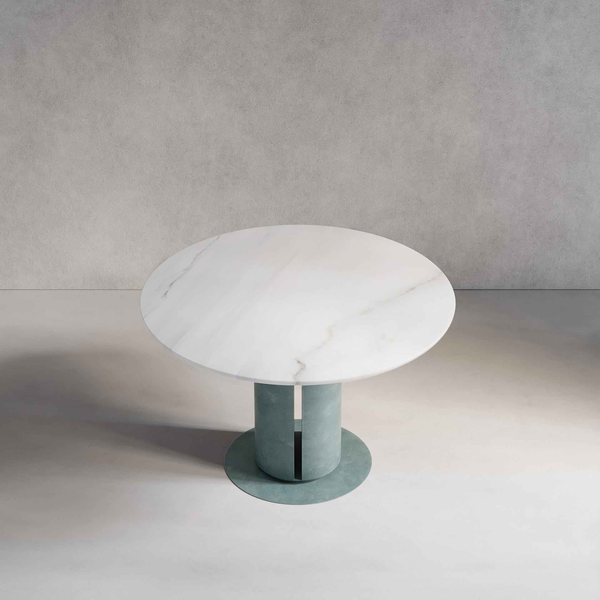 Contemporary 'Verdigris Dining Table' Solid Marble, Patinated Hand-Spun Brass For Sale