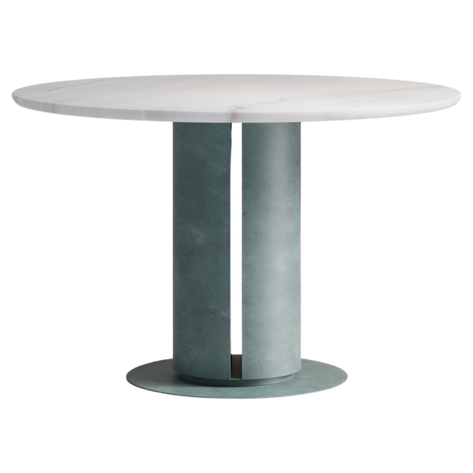 'Verdigris Dining Table' Solid Marble, Patinated Hand-Spun Brass For Sale