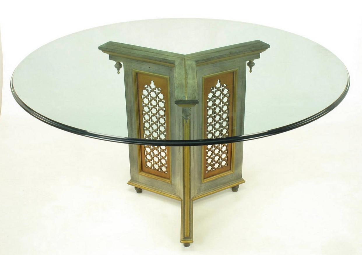 American Verdigris Finish Pedestal Dining Table with Gilt Arabeque Panels For Sale