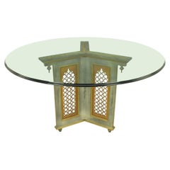 Verdigris Finish Pedestal Dining Table with Gilt Arabeque Panels