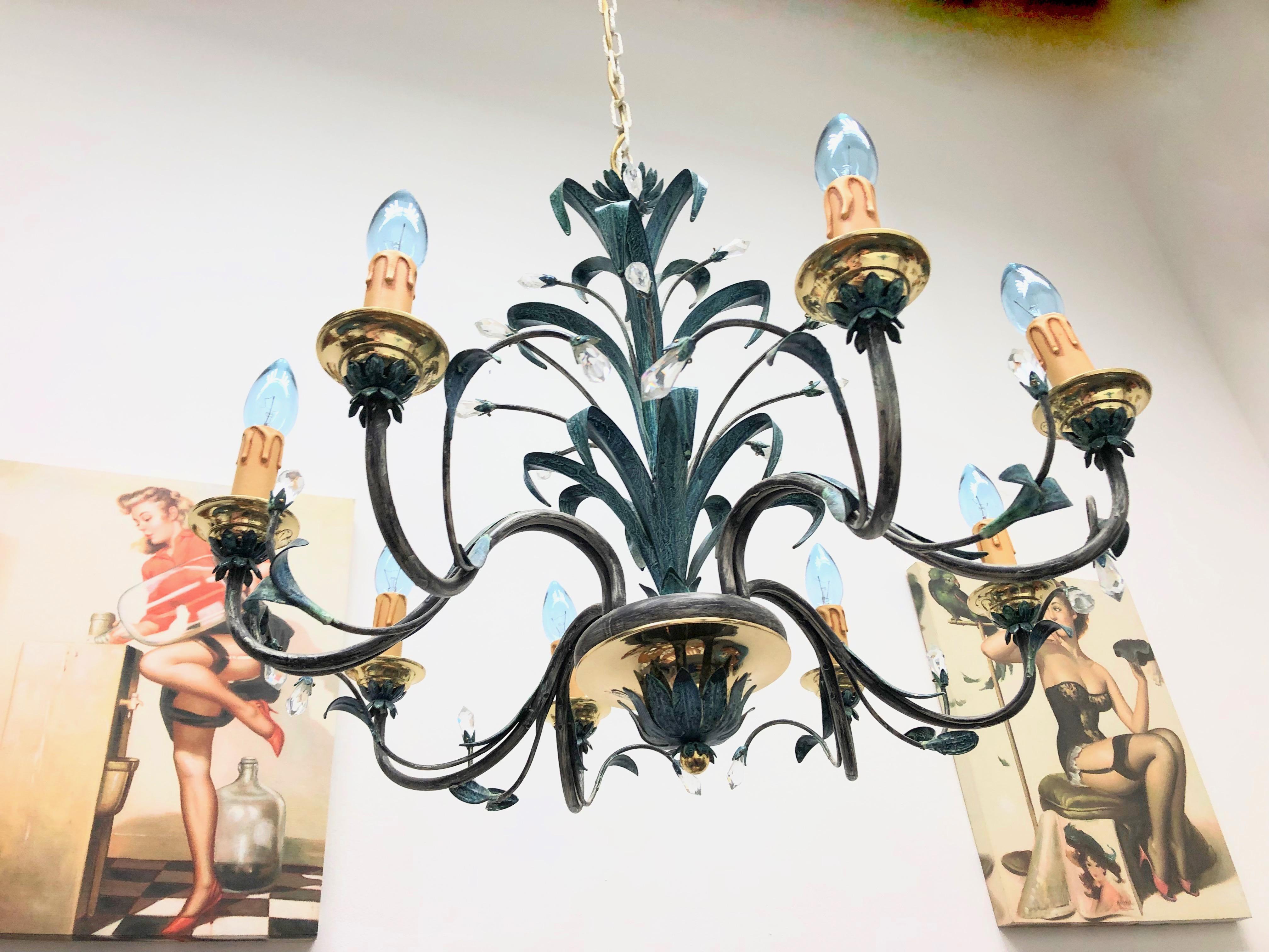 Verdigris Finished Painted Metal and Crystal Tole Chandelier, German, 1960s For Sale 3
