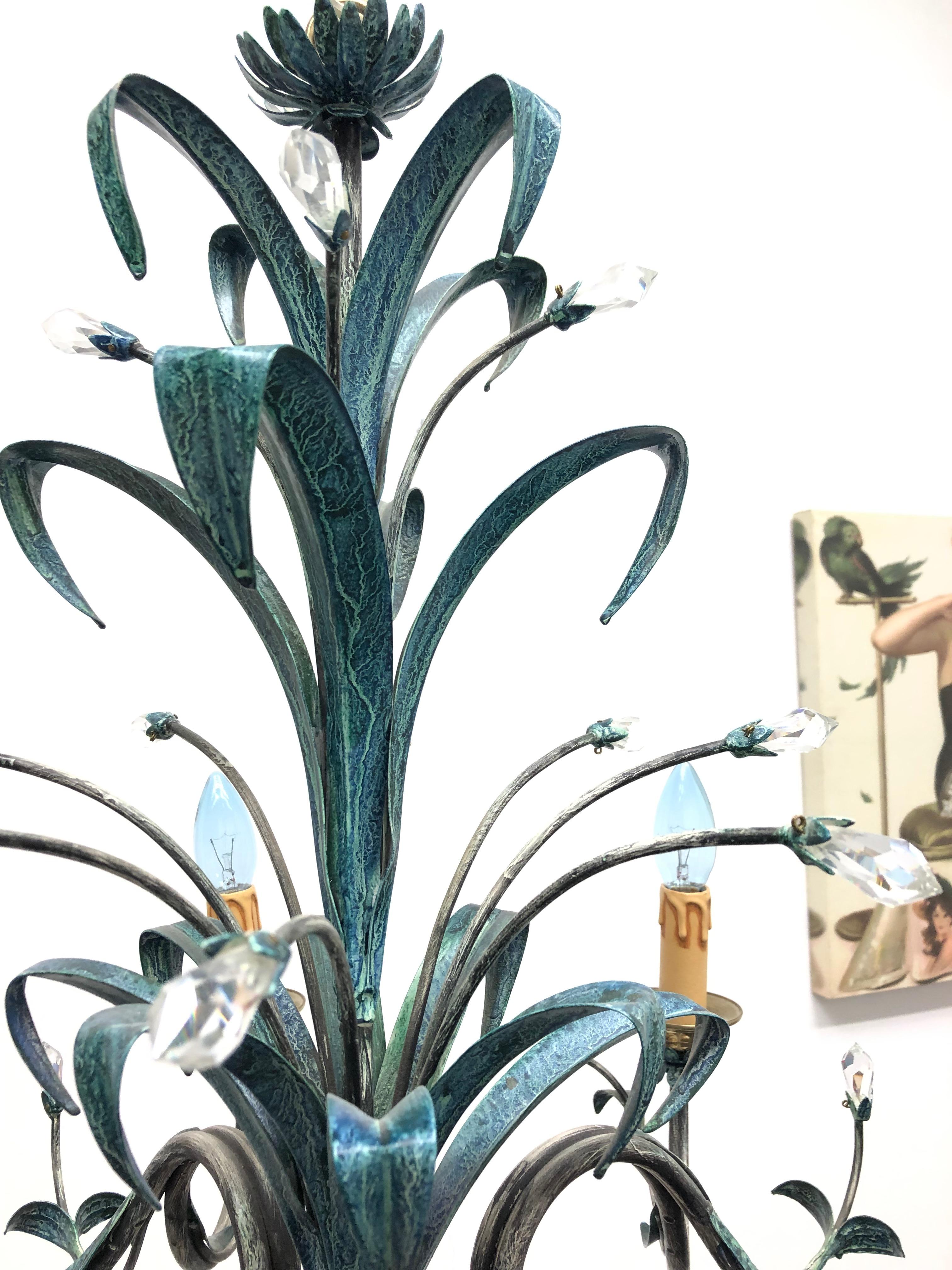 Verdigris Finished Painted Metal and Crystal Tole Chandelier, German, 1960s 4