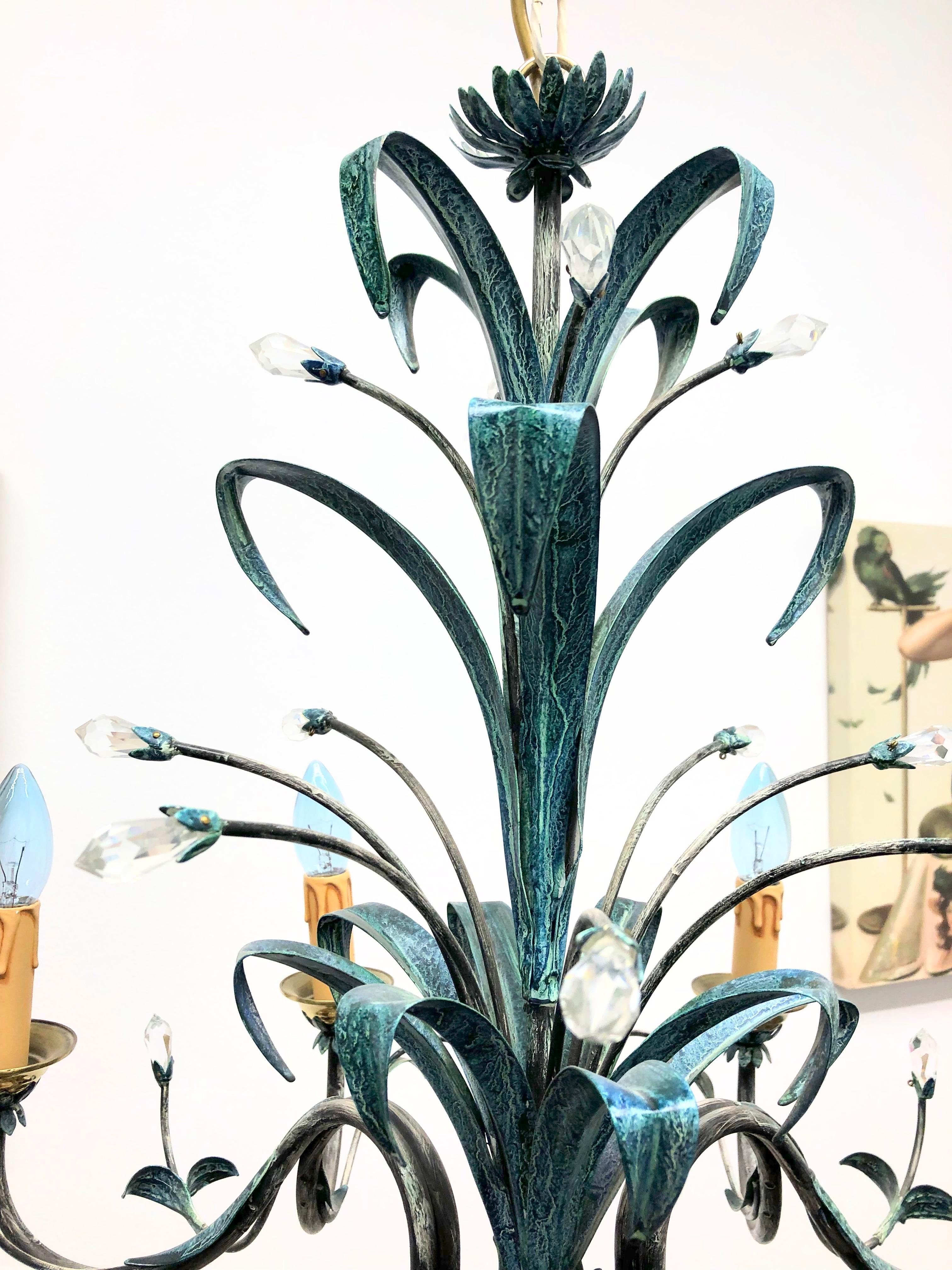 Verdigris Finished Painted Metal and Crystal Tole Chandelier, German, 1960s For Sale 5